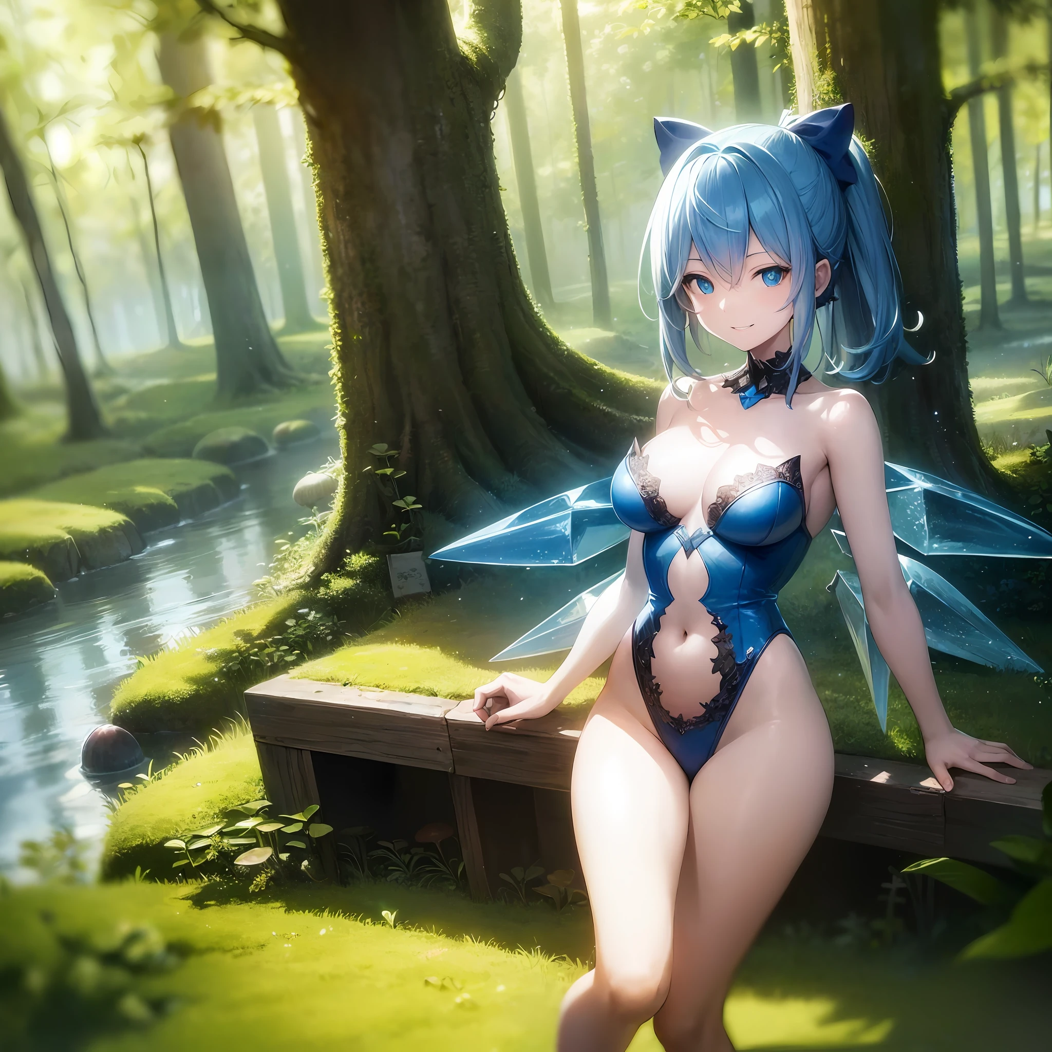 masterpiece, best quality, cirno, crystal wings, blue hair, blue eyes, blue bow, ((masterpiece)), ((illustration)) ((best quality)), (ultra-detailed), ((offical art)), (anime), decaying, exposed skeleton, exposed organs, blood, rotting, mushroom clothes, consumed by flora, consumed by mushrooms, covered in mushrooms, covered in flora, pixie in a magical forest, mooshrooms, lush john 8k woods, bright witch, pixi shiny blobs, covered in flora, (evil smile:1.3), best quality, masterpiece in the style of (Rembrandt:1.1), (Caravaggio:1.1),