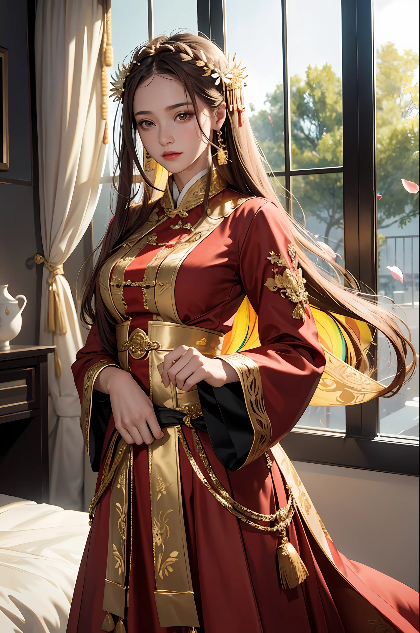 best quality, masterpiece, highres, (exquisite body:1.5),gorgeous face,(milky skin:1.3),intricate details,high resolution,wallpaper,
1girl, solo, dress, hair ornament, (((gold and red dress))), flowers, long hair, brown hair, closed mouth, jewelry, long sleeves, hand up, wide sleeves, big eyes,floating hair, chinese clothes, hanfu, embroidery, long skirt, natural pose, falling petals, indoor,fanning, lantern,
16K,HDR,highres,depth field,(film grain:1.1),boken,golden hour,(lens flare),vignette,rainbowing,(color grading:1.5)