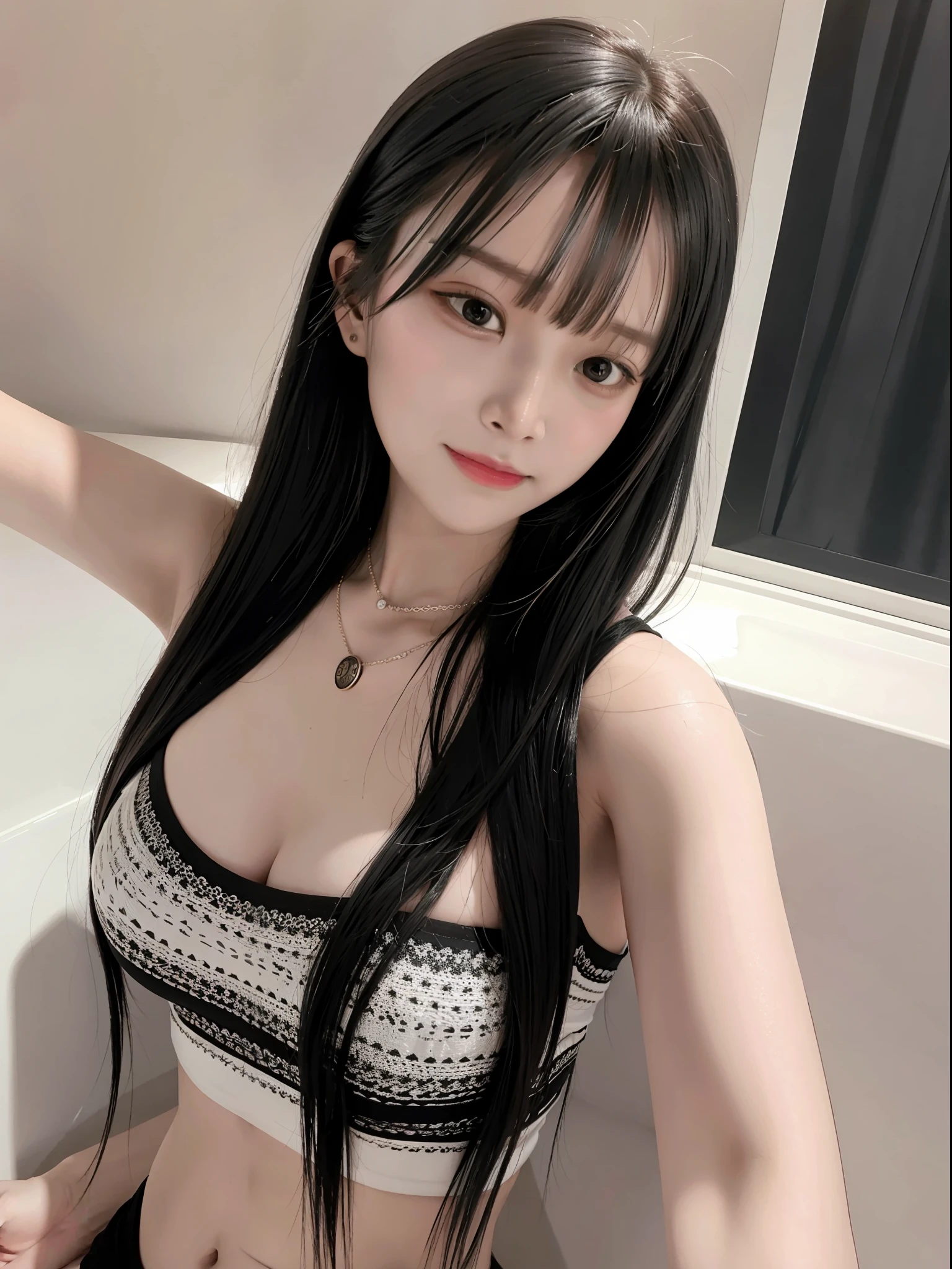 hansohee in crop top, necklace, hair bangs, sexy pose, bathtub, smiling

rim lighting, two tone lighting, dimly lit, low key, 

analog style, hyper realistic lifelike texture dramatic lighting unrealengine trending on artstation,award winning photo,nikon RAW photo,8 k,Fujifilm XT3,masterpiece, best quality, realistic, photorealistic,ultra detailed,extremely detailed face,