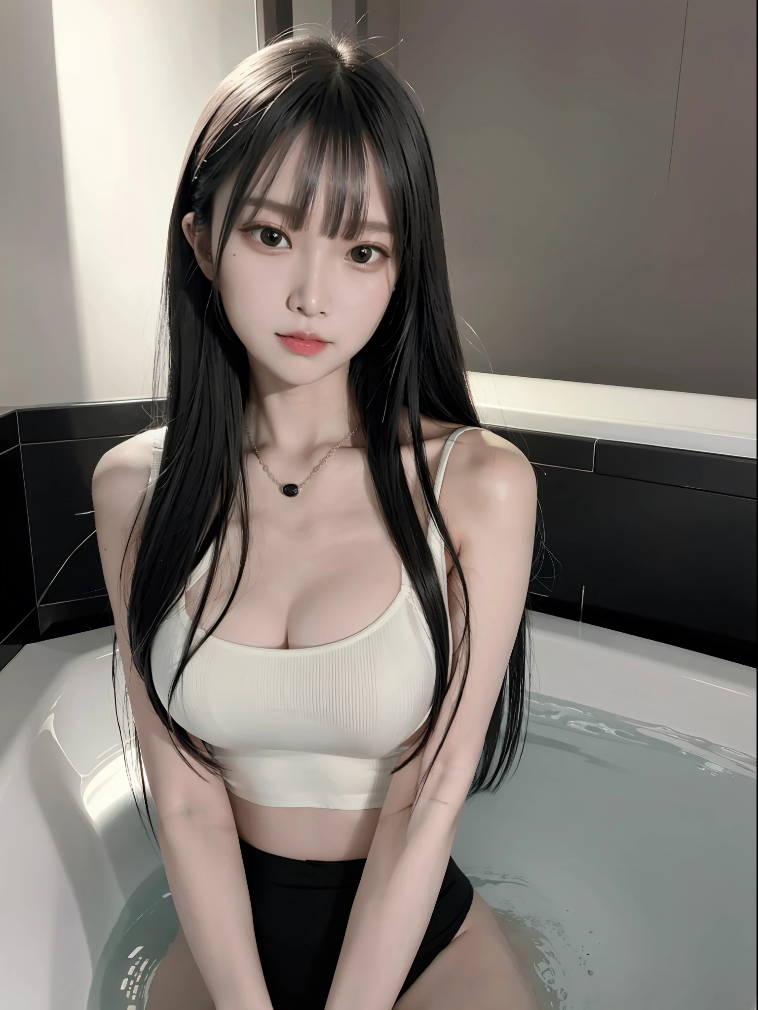 hansohee in crop top, necklace, hair bangs, sexy pose, bathtub, smiling

rim lighting, two tone lighting, dimly lit, low key, 

analog style, hyper realistic lifelike texture dramatic lighting unrealengine trending on artstation,award winning photo,nikon RAW photo,8 k,Fujifilm XT3,masterpiece, best quality, realistic, photorealistic,ultra detailed,extremely detailed face,