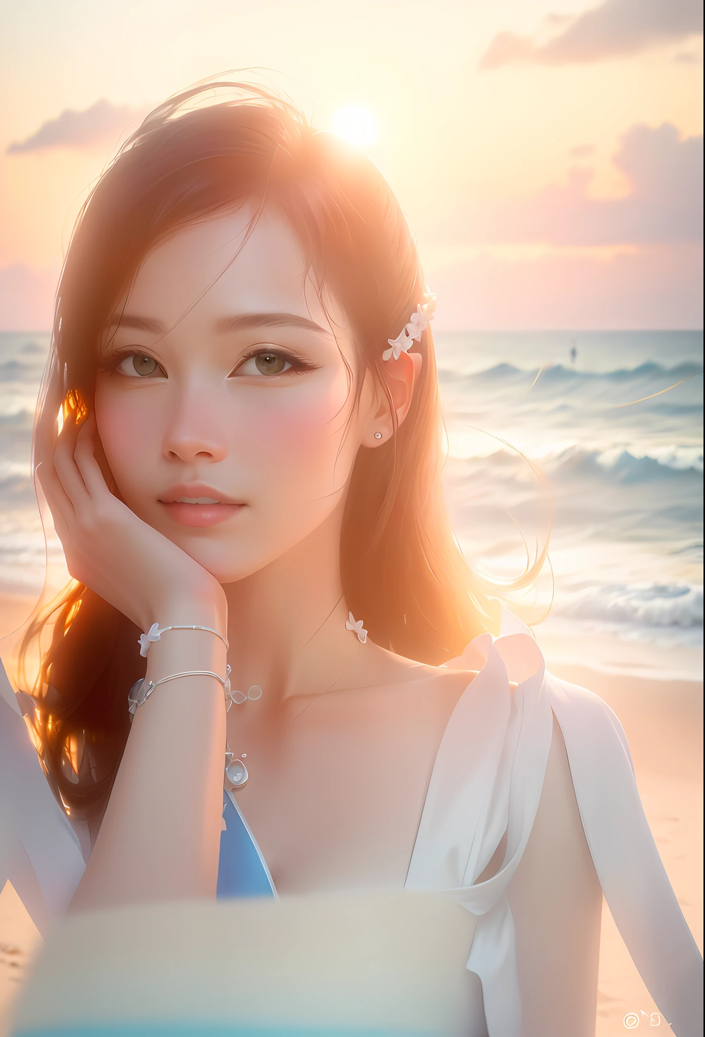 Keep the characters in the picture unchanged, the background is changed to a walk on the beach, the waves gently lapping against the shore, the sun is just right, real