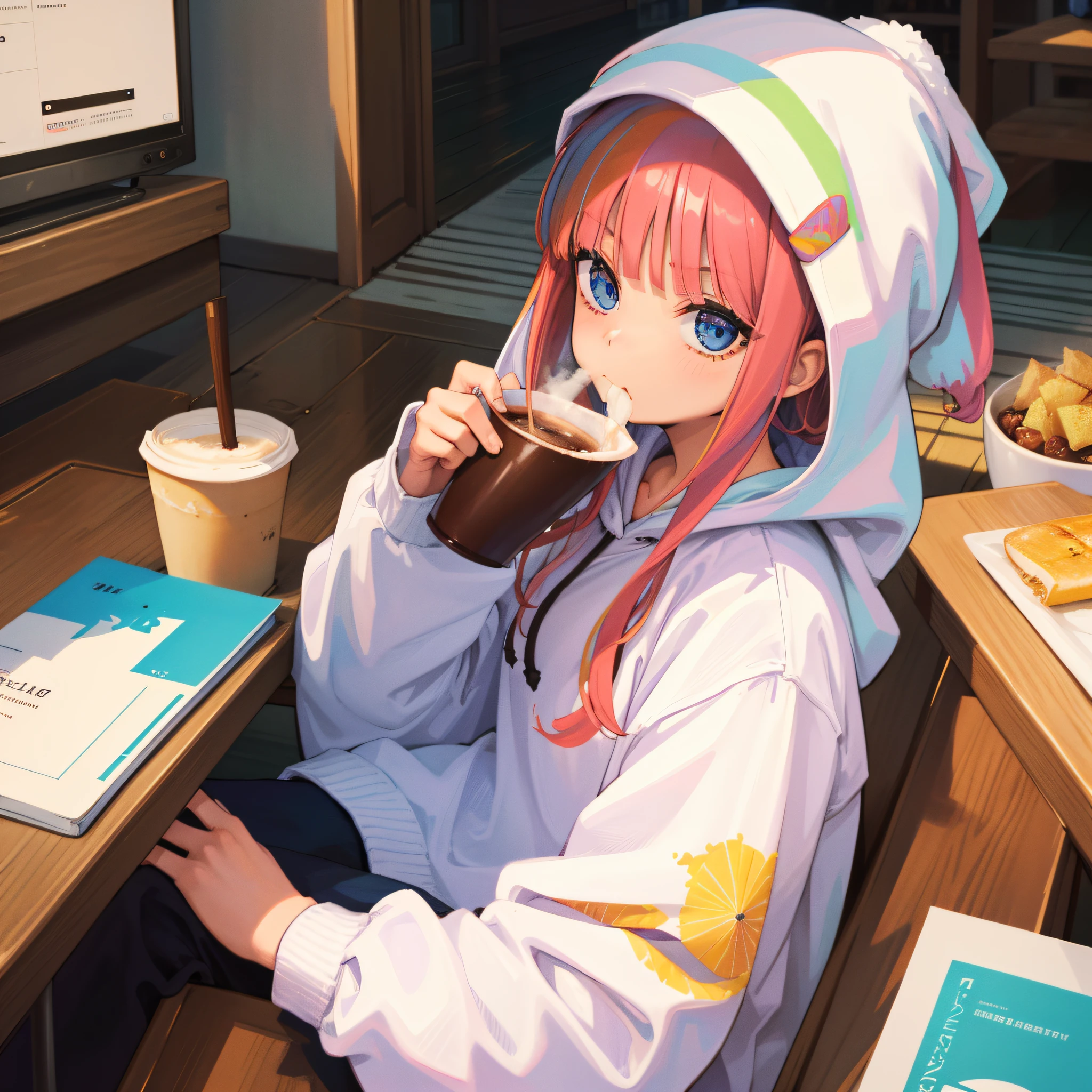 (Best Quality: 1.23), (Masterpiece: 1.12), Rainbow Hair,, One Girl, Holding a Coffee Cup, Sitting, Wearing a Hoodie, Eating Breakfast, Coffee Cup, Knitted Hat