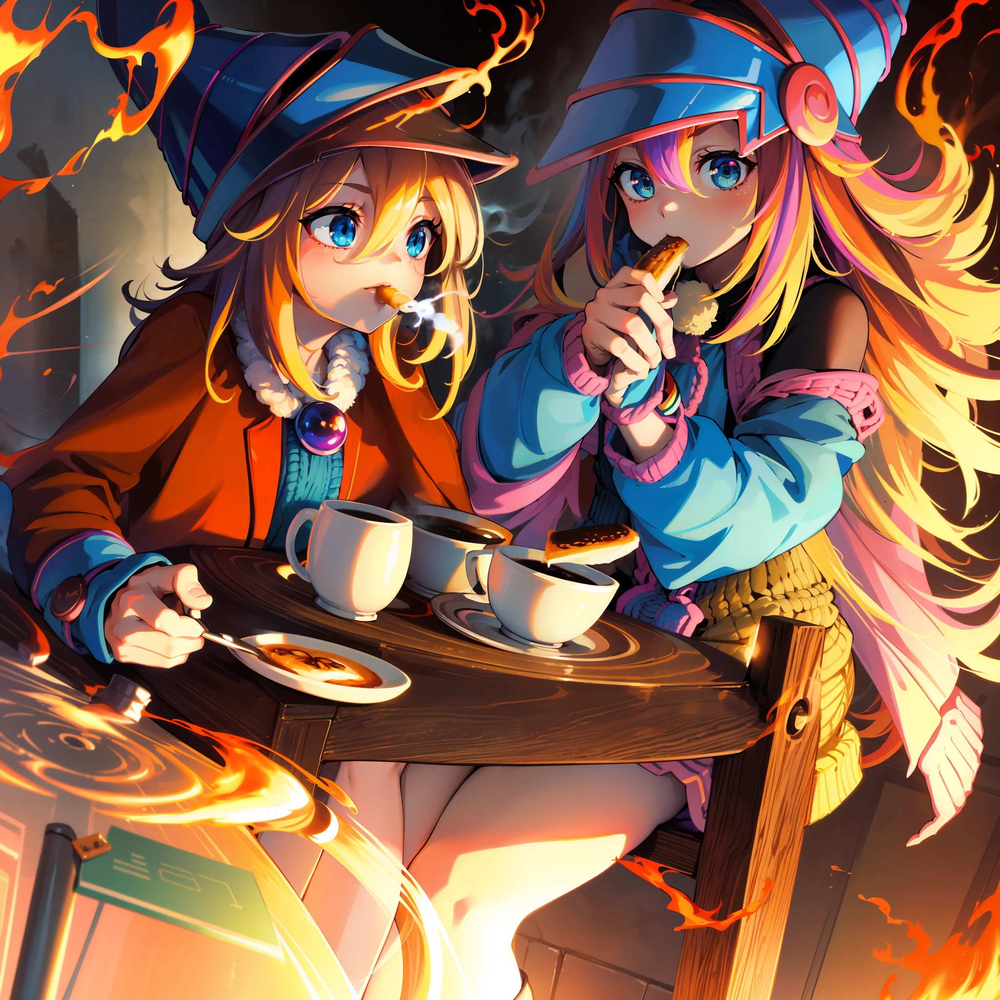8K, High Masterpiece, (Best Quality: 1.23), (Masterpiece: 1.12), Rainbow Hair,, One Girl, Holding a Coffee Cup, Sitting, Wearing a Parker, Eating Breakfast, Coffee Cup, Knitted Hat, A Lot of Gadgets and Equipment Burning, Smoke, (Flames Around: 1.2)