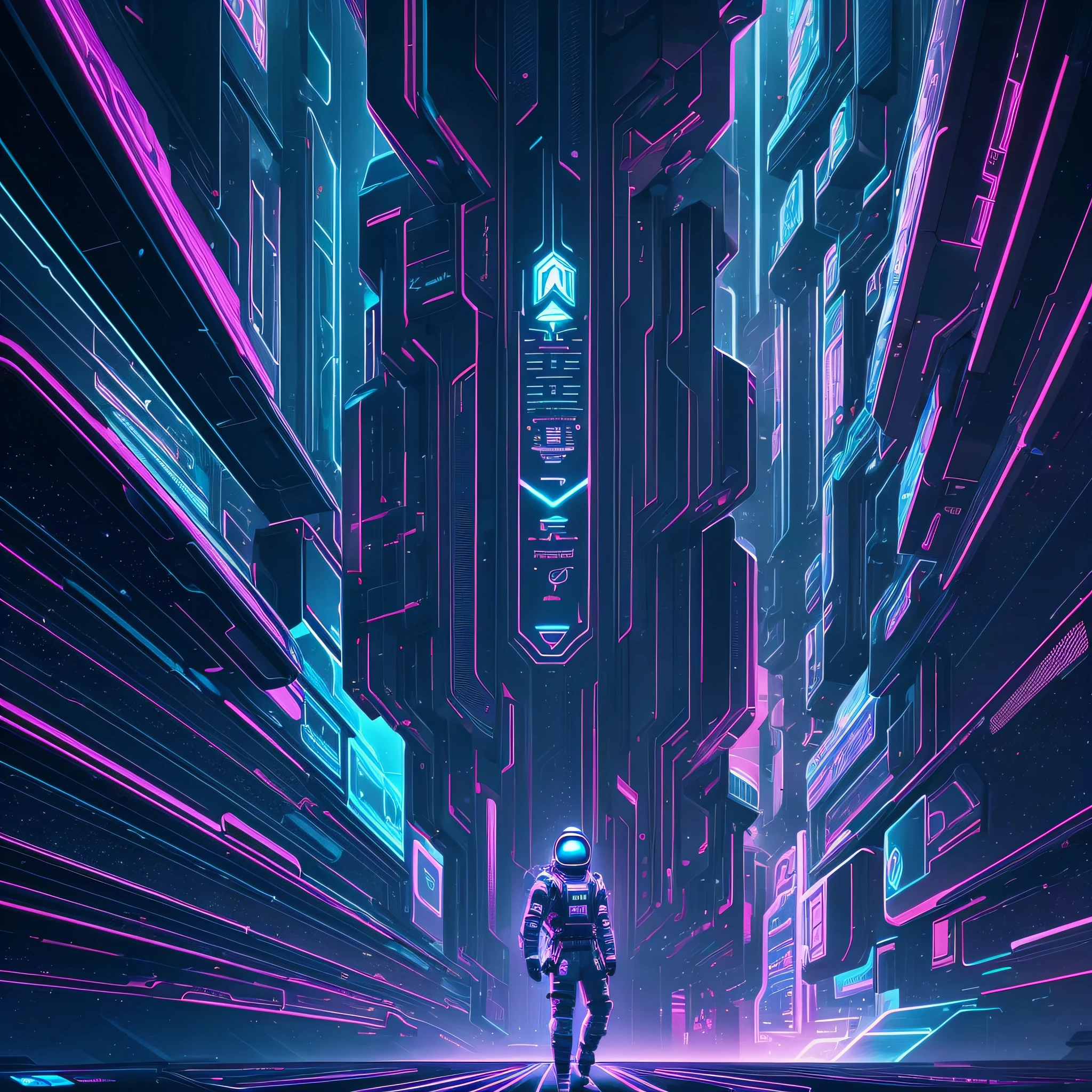 A cybernetic astronaut floats by a surreal landscape of neon fractals and glowing glyphic patterns. --auto --s2