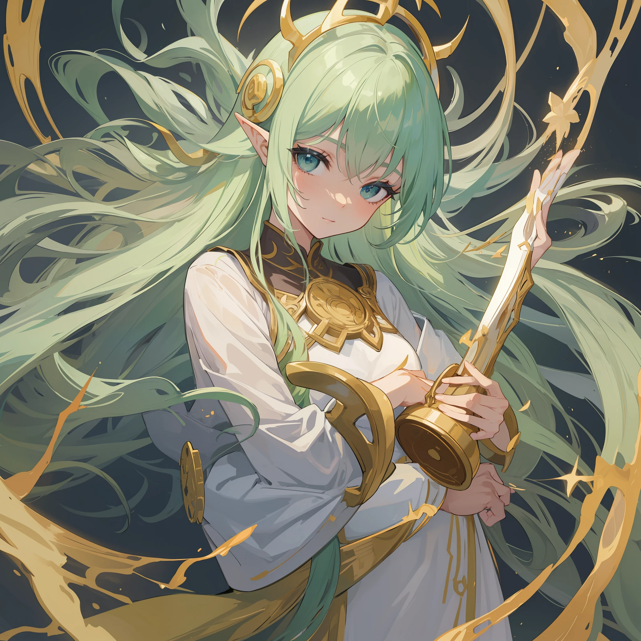 A cruel beautiful girl, wearing a white robe lined with gold, she is alchemist, green flowing hair, look so calm, white background, an beautiful elf