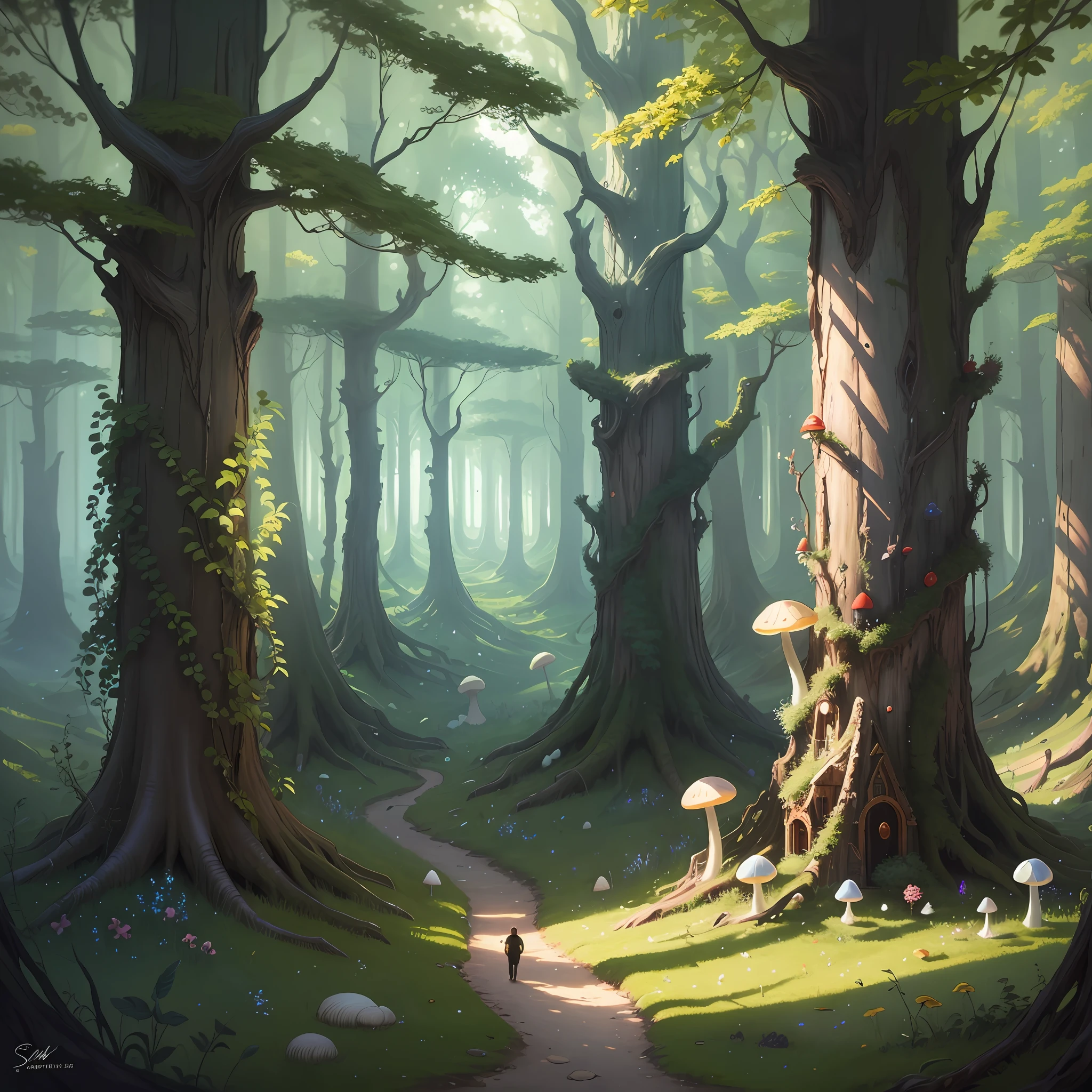 A magic mushroom from the perspective of tiny in the forest by [savior Dalí] painting, good quality, detailed lighting.