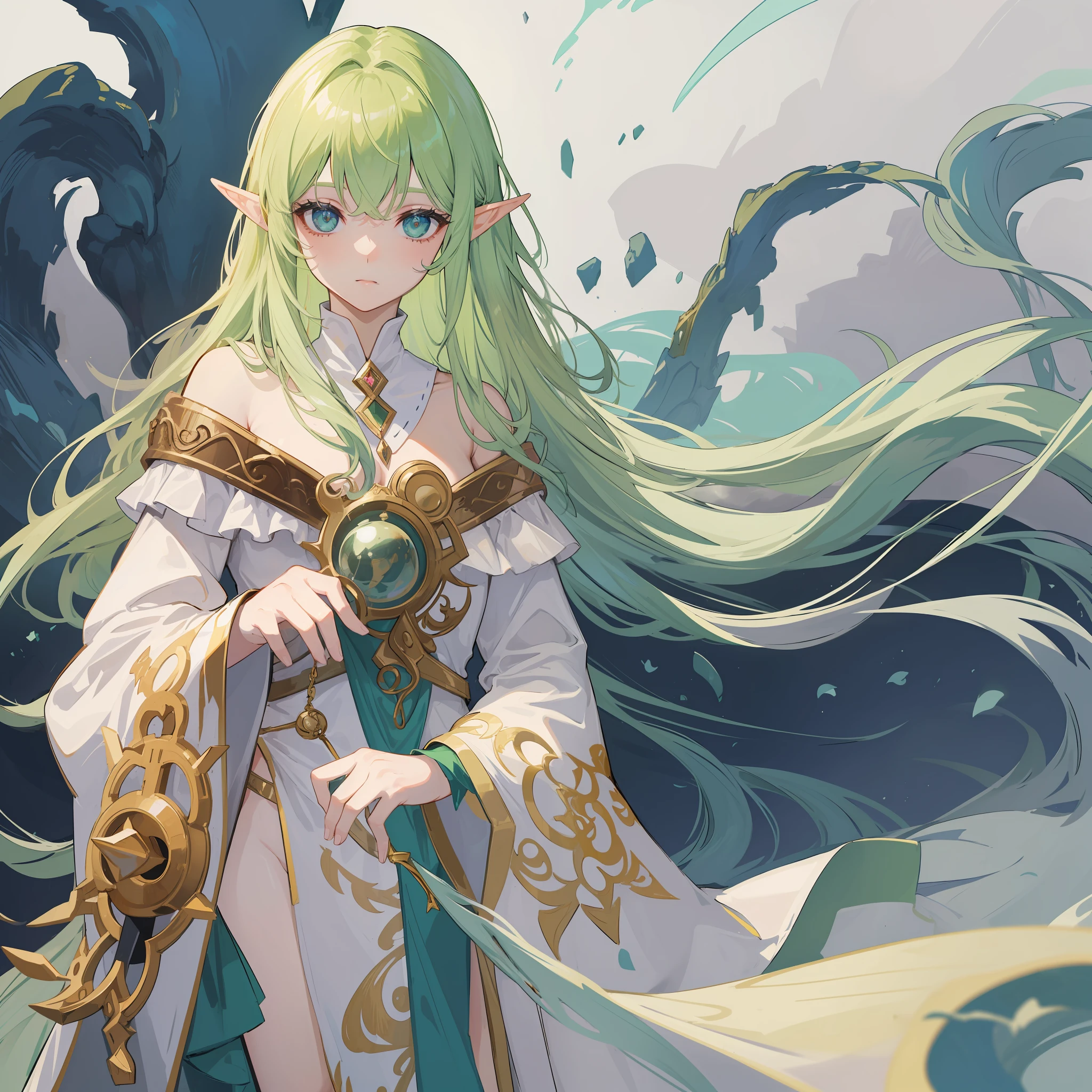 A cruel beautiful girl, wearing a white robe lined with gold, she is alchemist, green flowing hair, look so calm, white background, an beautiful elf