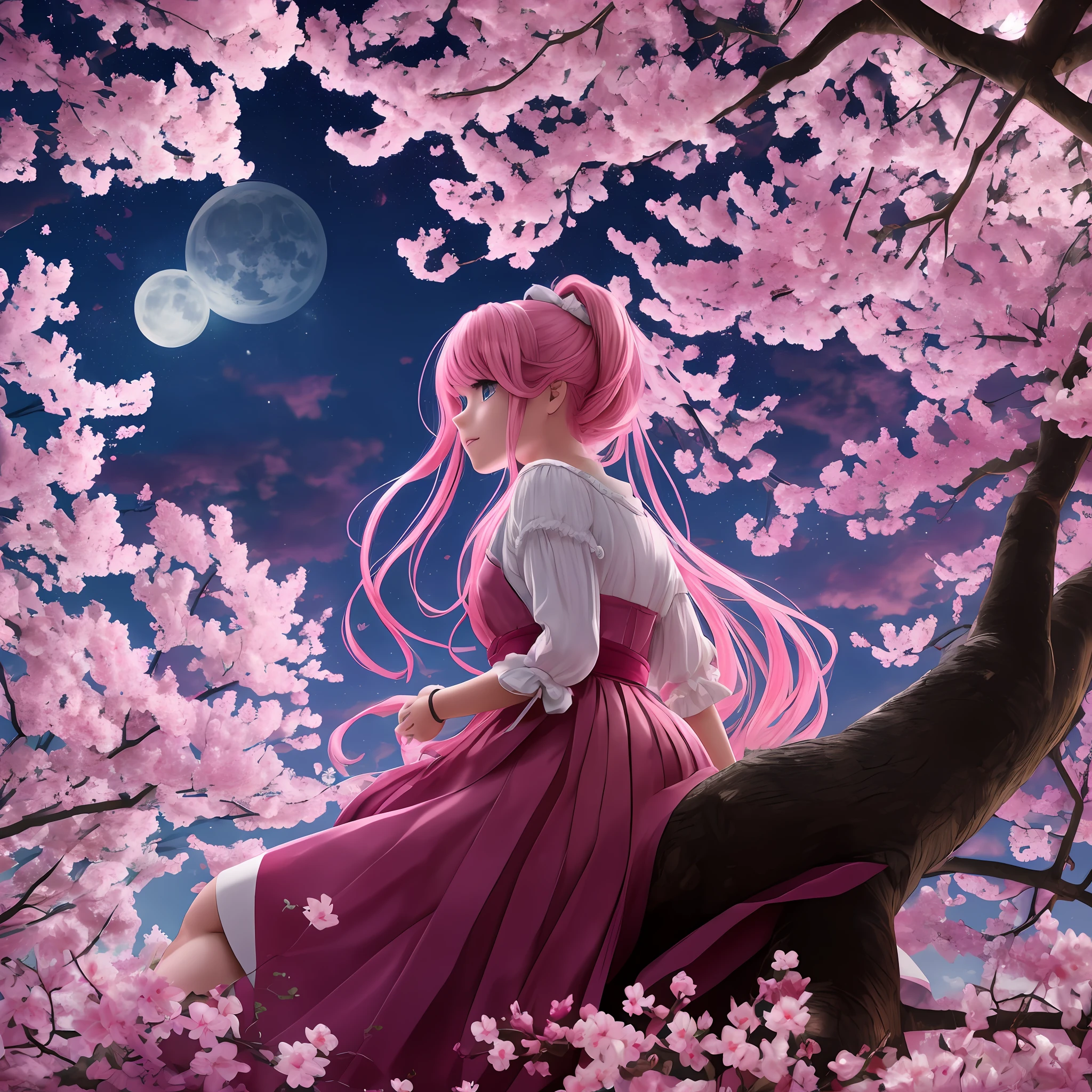 Sails bright, 8k, sakuras, maximum quality, pink hair, shining moonlight, minis cooper, 4k stars,