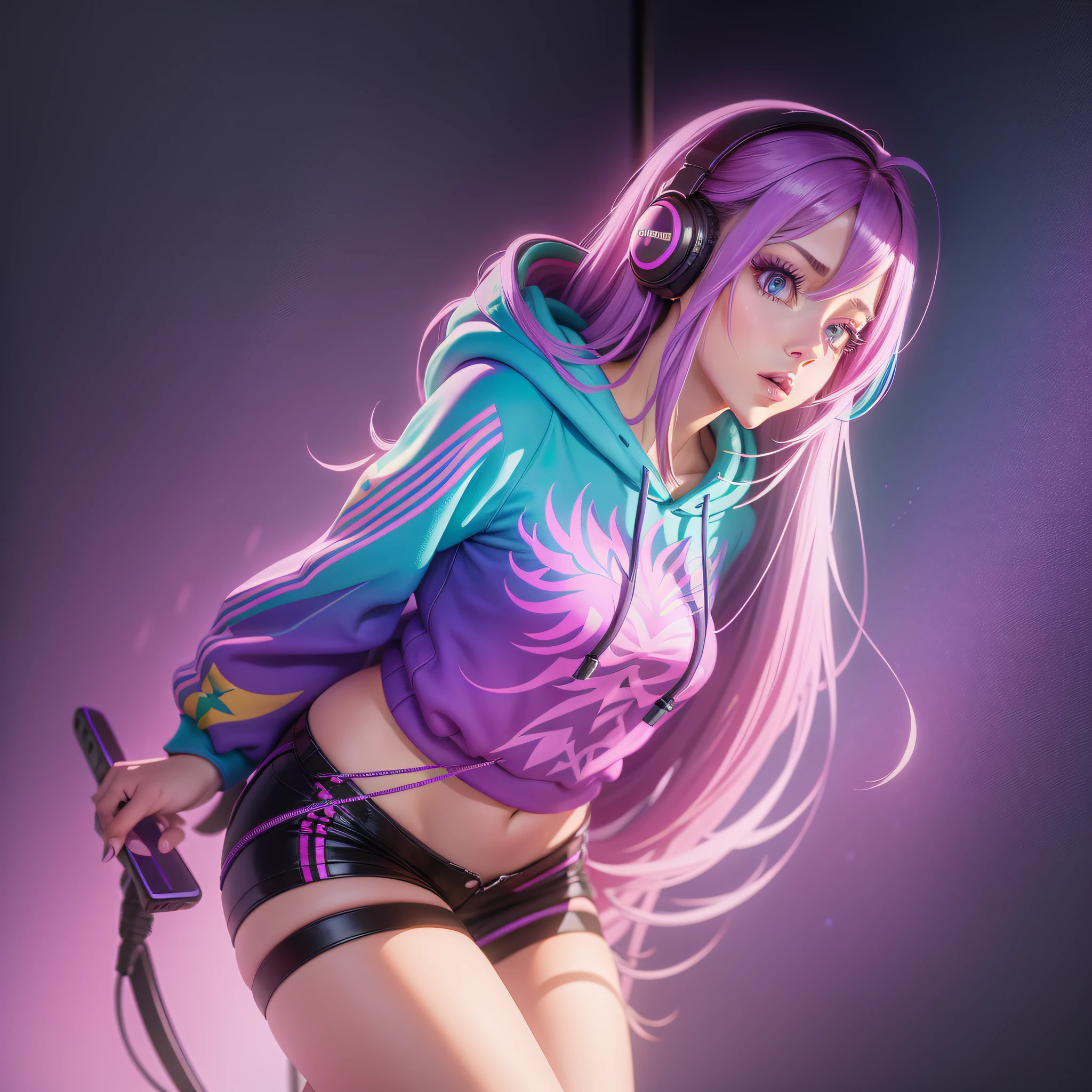 masterpiece, confident lol, high leg, profoto, rock singer, 1girl, solo, rainbow hair, hoodie, straight hair, hands on smartphone, headphones, long hair, neon, colorful background, hello work