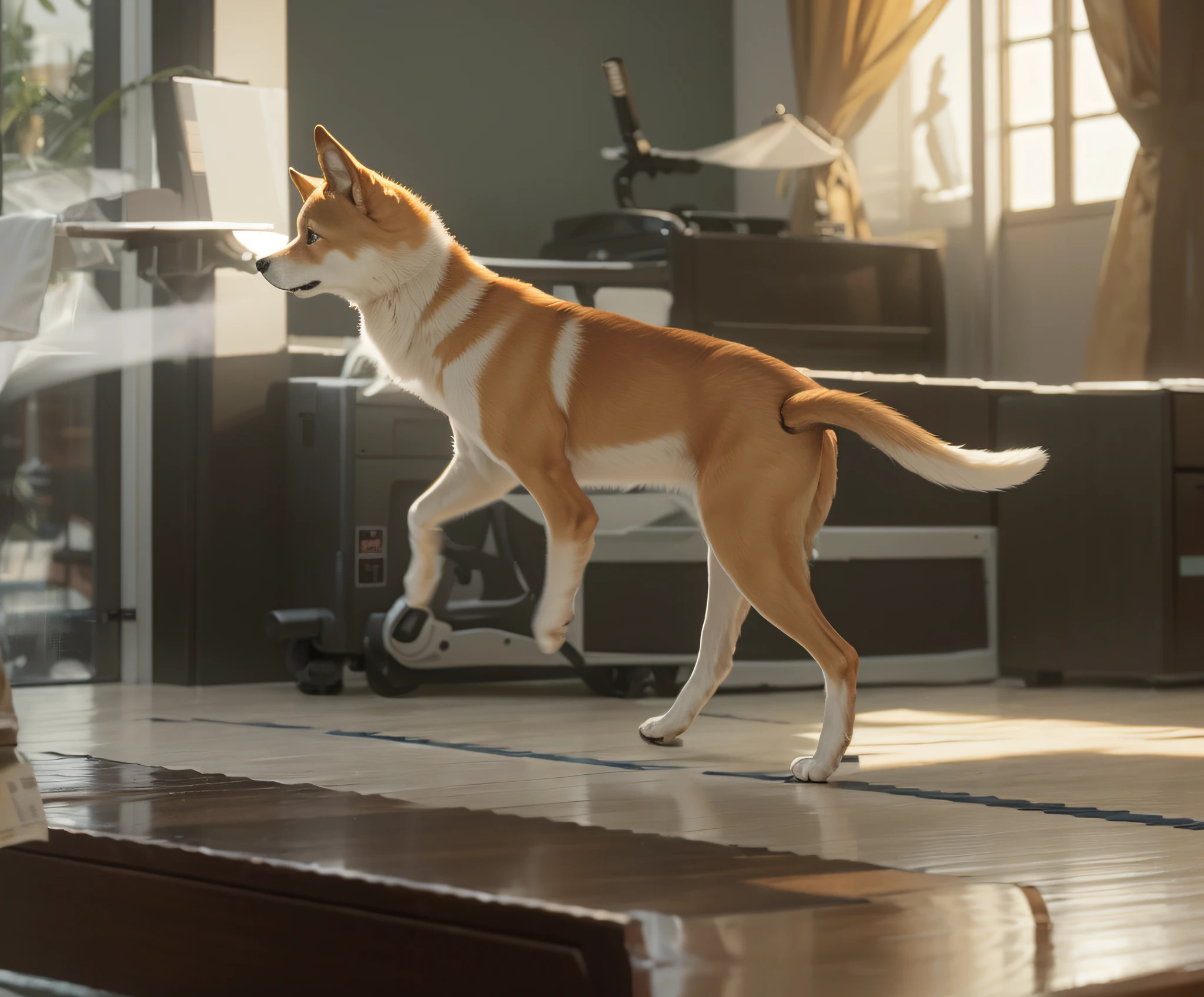 Highest quality, outstanding detail, ultra-high resolution, (fidelity: 1.4), best illustration, favor detail, Tyndall effect of light through windows, a Shiba Inu running on a treadmill, close-up, 8k, RAW photos, best quality, masterpiece, realism