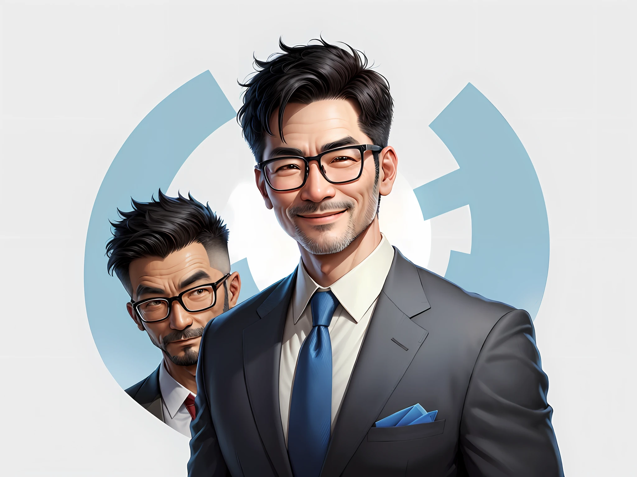 Taiwanese middle-aged uncle male portrait, extremely detailed face, black hair, (super short hair) middle-aged handsome uncle, Taiwanese man, silver glasses, slightly chubby face, very clean face, black super short hair, black eyes, black suit, blue tie, confident smile, digital painting, film, character design of Mark Laedon and Pixar and Hayao Miyazaki, the illustration is a 4K resolution HD illustration with very detailed facial features and cartoon-style visuals.