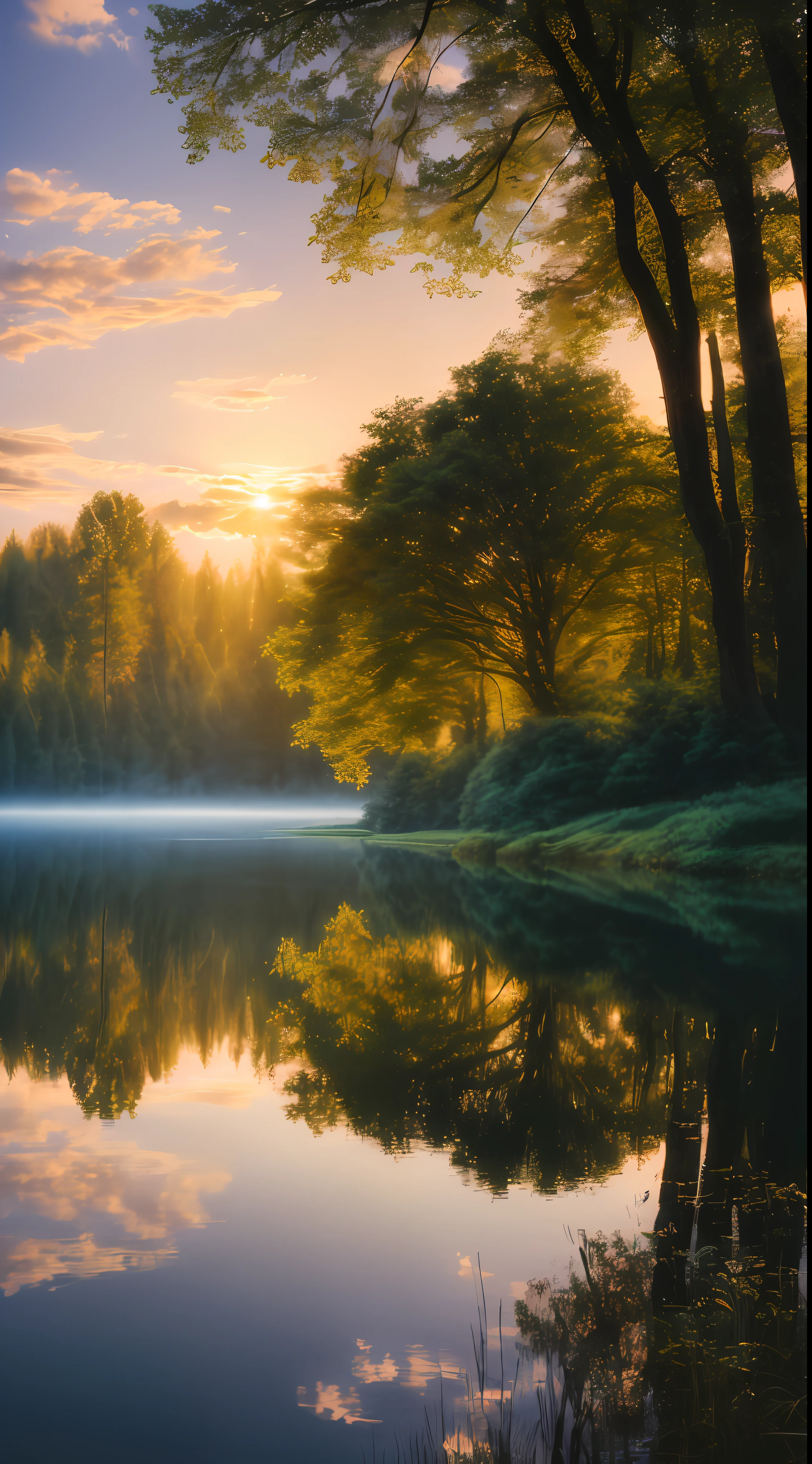 wallpaper, summer, lake, dawn, forest, detailed forest, clouds, masterpiece, cinematic, soft light, depth of field, ray tracing, reflection in water, realism, ulra detailed,