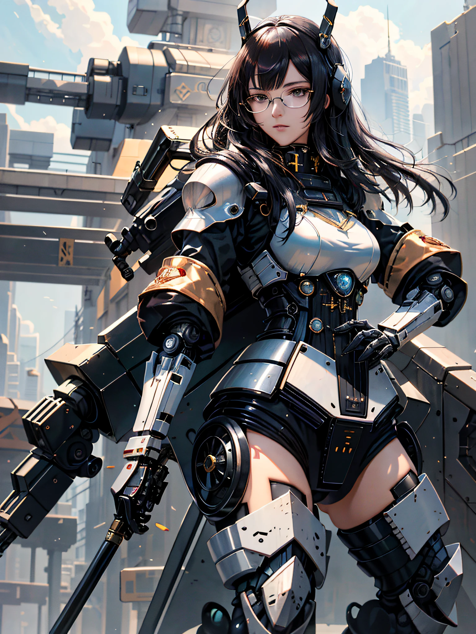 (gentle eyes, calm), (black long straight black long straight), (slender and tall), (borderless glasses), (imperial sister, secretary), hand-held weapons, (mecha mecha), (robot robot),