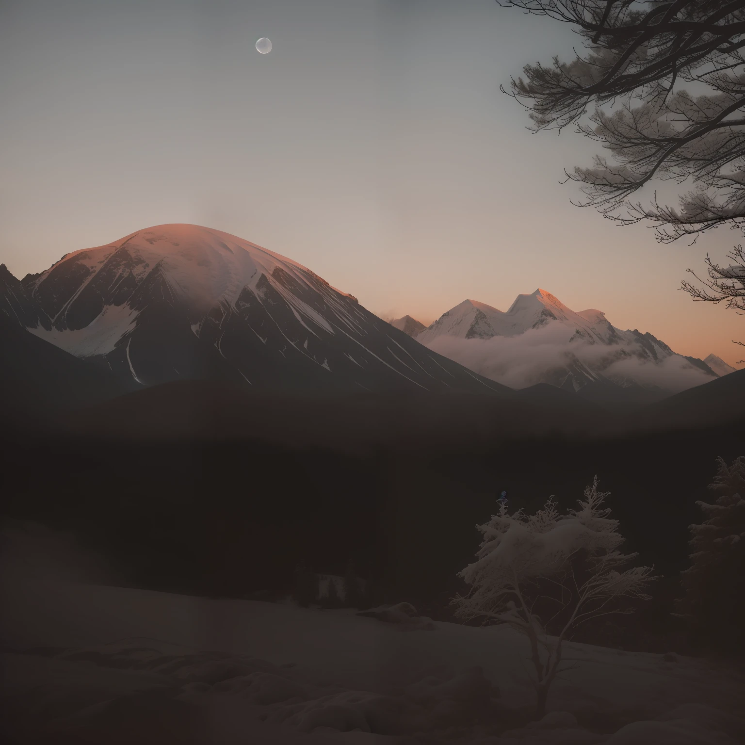 Snowy mountain with dense fog at night