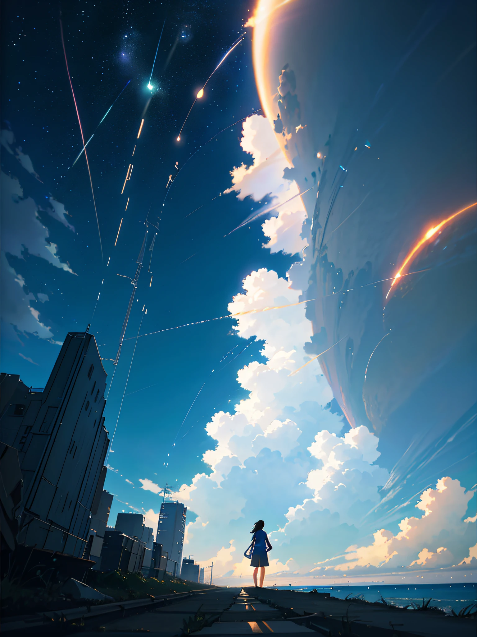 Summer, Makoto Shinkai&#39;s concept art, tumblr, magic realism, beautiful anime scenes, beautiful skies. by makoto shinkai, ( ( makoto shinkai ) ), anime background art, anime backgrounds, Makoto Shinkai&#39;s style, anime movie backgrounds, galaxy express, no humans. --v6