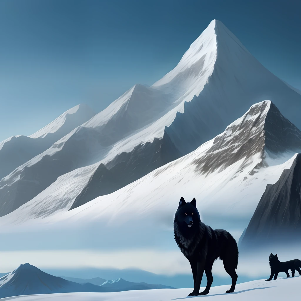A snowy mountain with a black castle on top, and a black wolf at the foot of the mountain