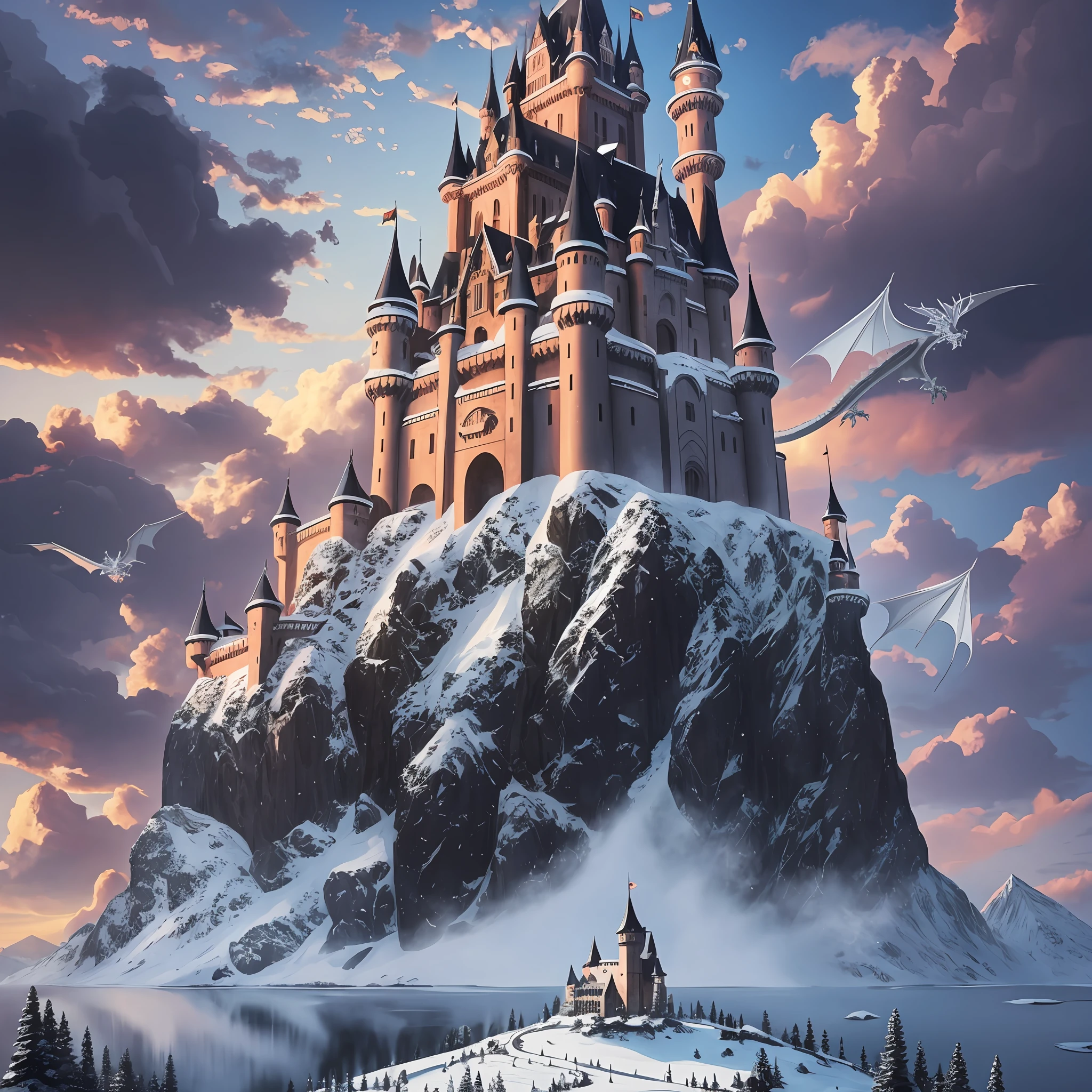 A black castle on top of a snowy mountain, with a dragon flying over the castle --auto --s2