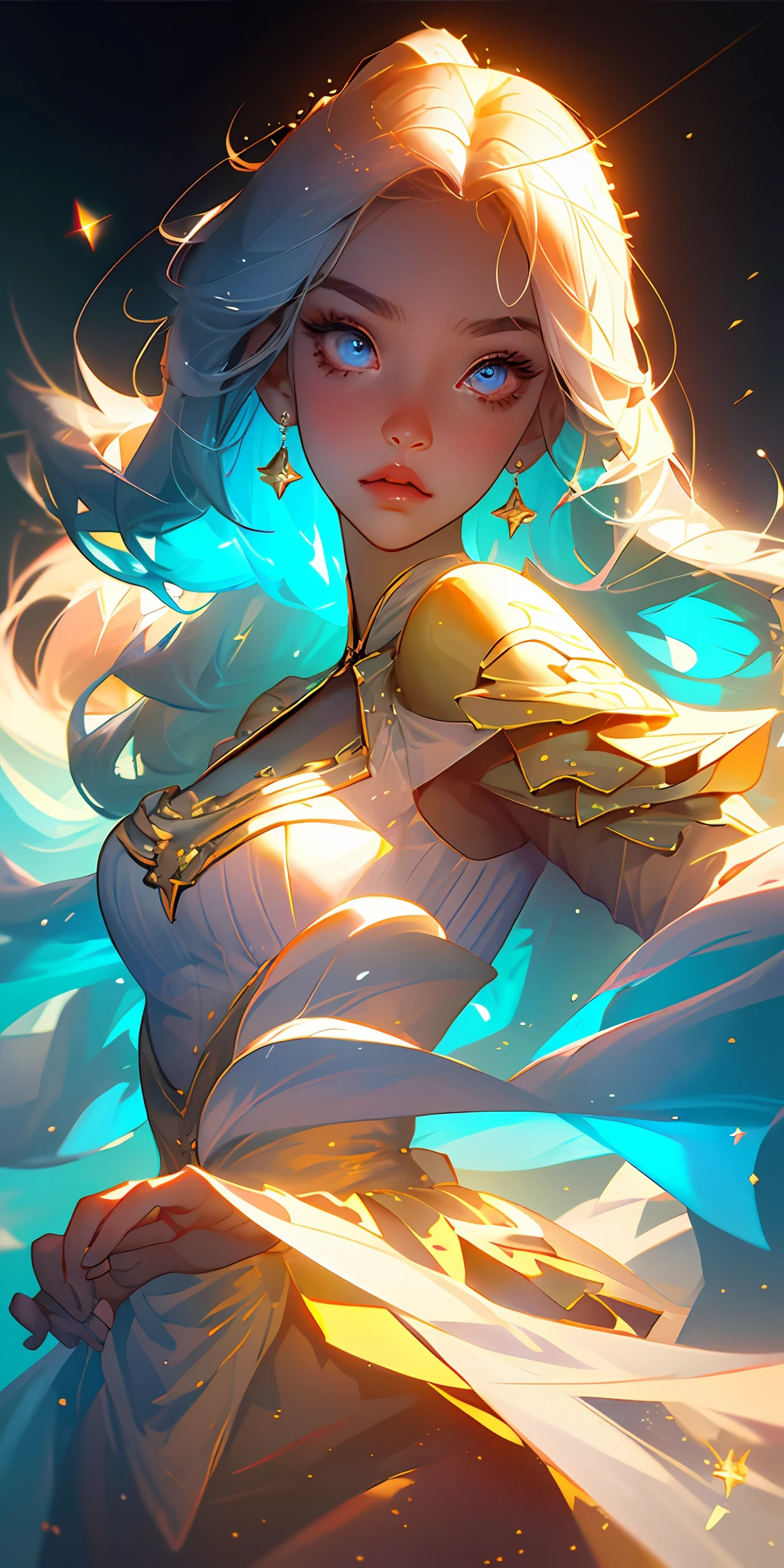(Best quality, masterpiece), super high resolution, fluorescent color,
1 girl, looking at the audience, beautiful face, beautiful eyes, upper body, shiny hair, shiny skin, glowing cut, chibi, finger proportional coordination, golden starlight dress, particles