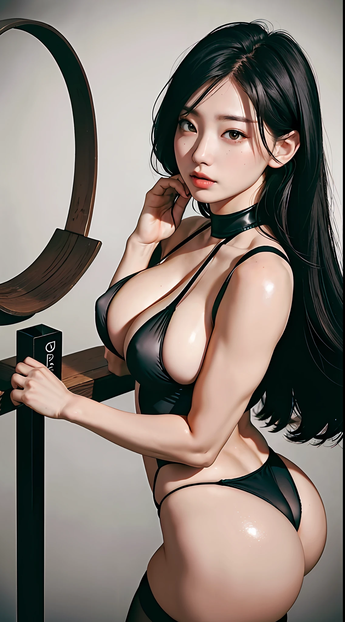 Black hair, full fingers, huge chest, see-through, big ass, black stockings, slingshot swimsuit
