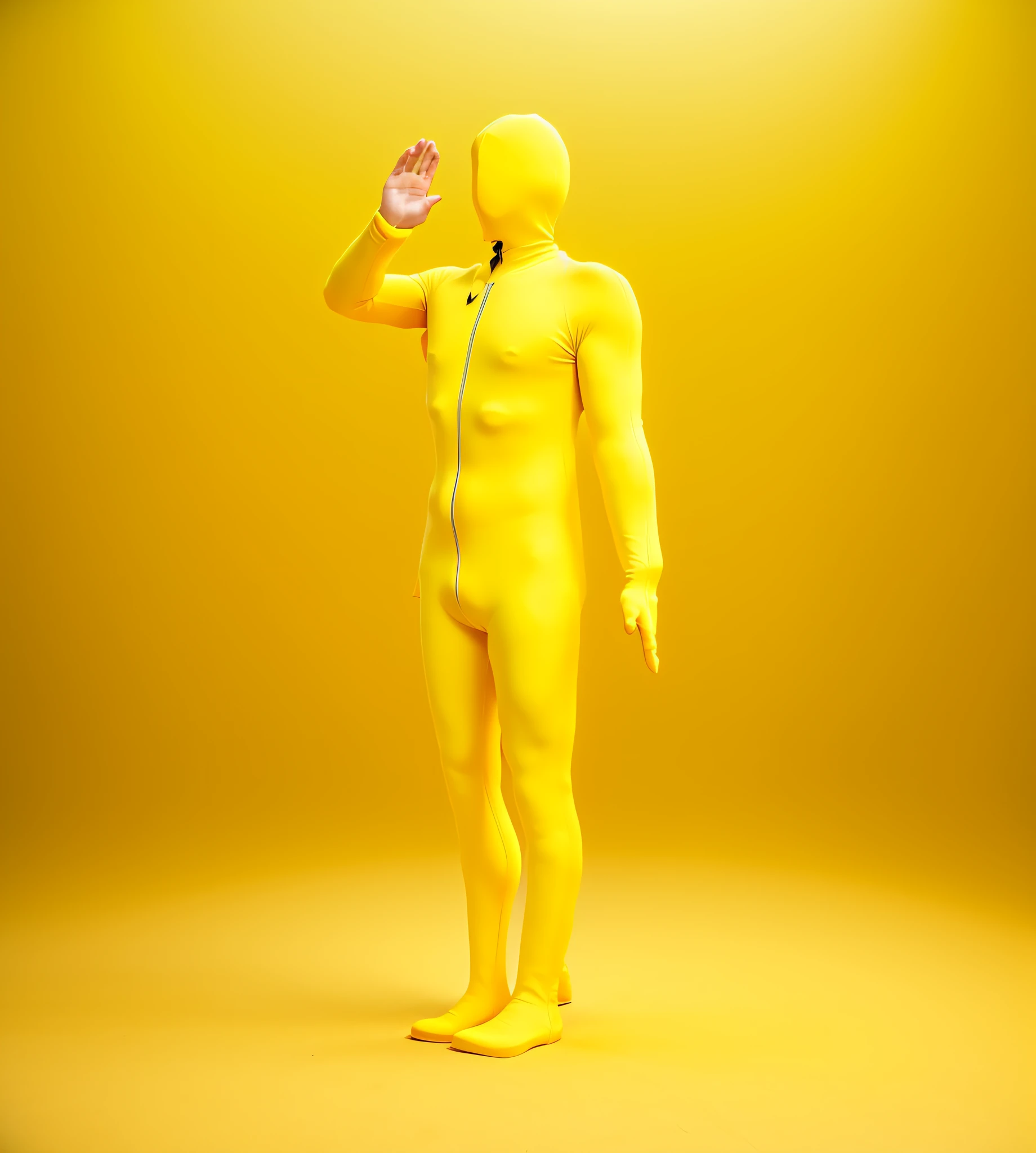 Man in yellow bodysuit, yellow body, zentai suit, full bodysuit, skin tight suit, lycra costume, tight full body suit, yellow skin, yellow jumpsuit, yellow bodysuit