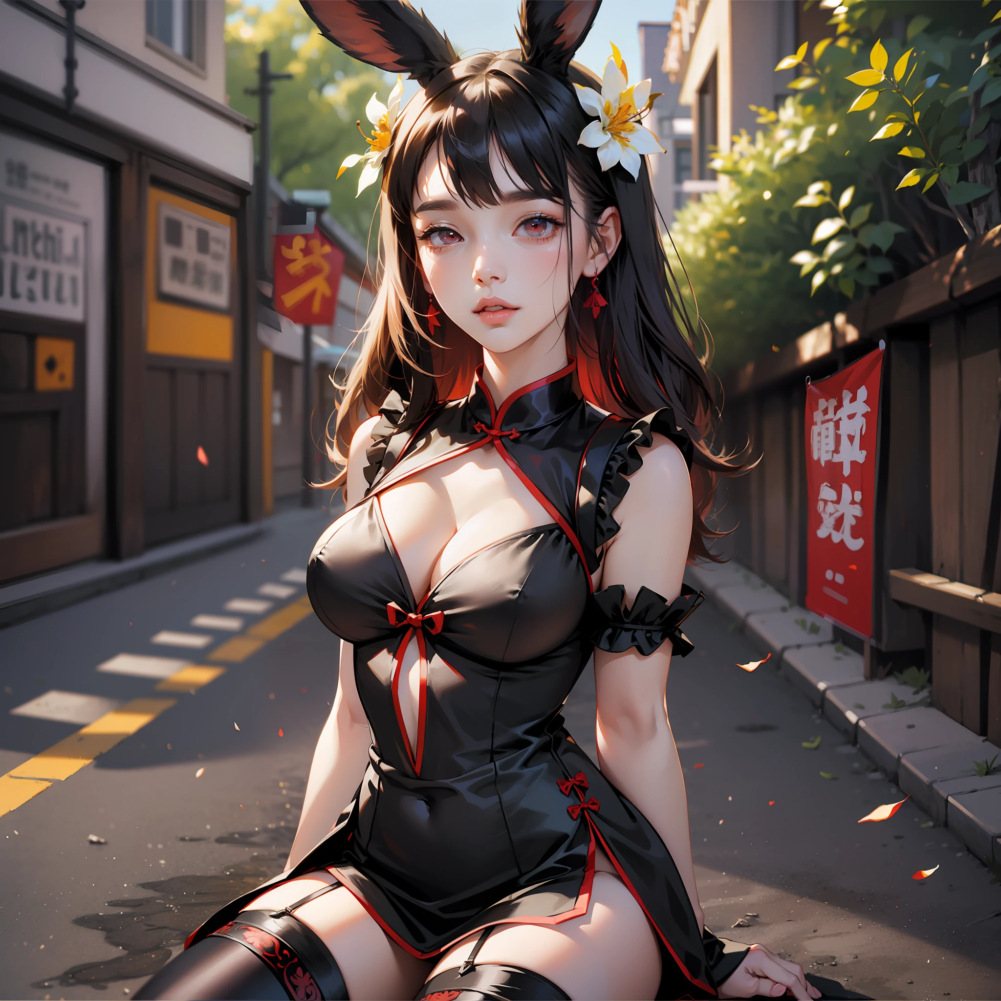 an anime photo of a woman in a bunny outfit sitting in the middle of the street, 1girl, white panties, underwear, solo, breasts, animal ears, panties, thighhighs, dress, rabbit ears, white thighhighs, covered navel, looking at viewer, hair flower, parted lips, red eyes, flower, hair ornament, lantern, garter straps, short sleeves, black dress, china dress, clothing cutout, cleavage, cleavage cutout, bow, bangs, chinese clothes, indoors, medium breasts