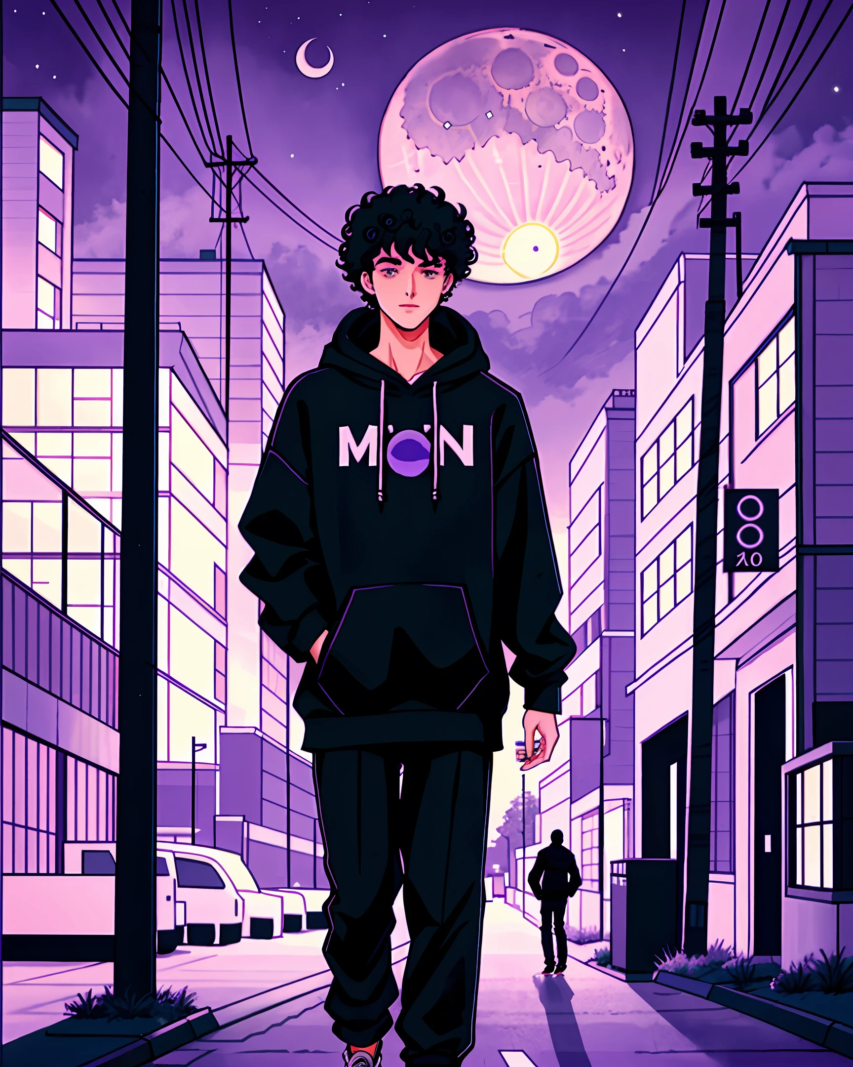 Young man in black hoodie and shoulder-length curly hair walking down the street with a purple moon in the background