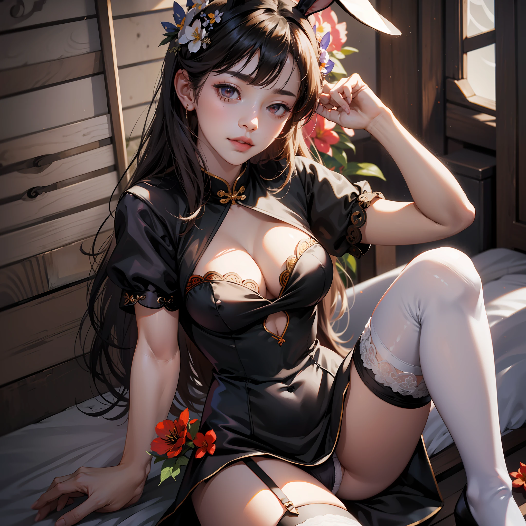 an anime photo of a woman in a bunny outfit sitting in the middle of the street, 1girl, white panties, underwear, solo, breasts, animal ears, panties, thighhighs, dress, rabbit ears, white thighhighs, covered navel, looking at viewer, hair flower, parted lips, red eyes, flower, hair ornament, lantern, garter straps, short sleeves, black dress, china dress, clothing cutout, cleavage, cleavage cutout, bow, bangs, chinese clothes, indoors, medium breasts