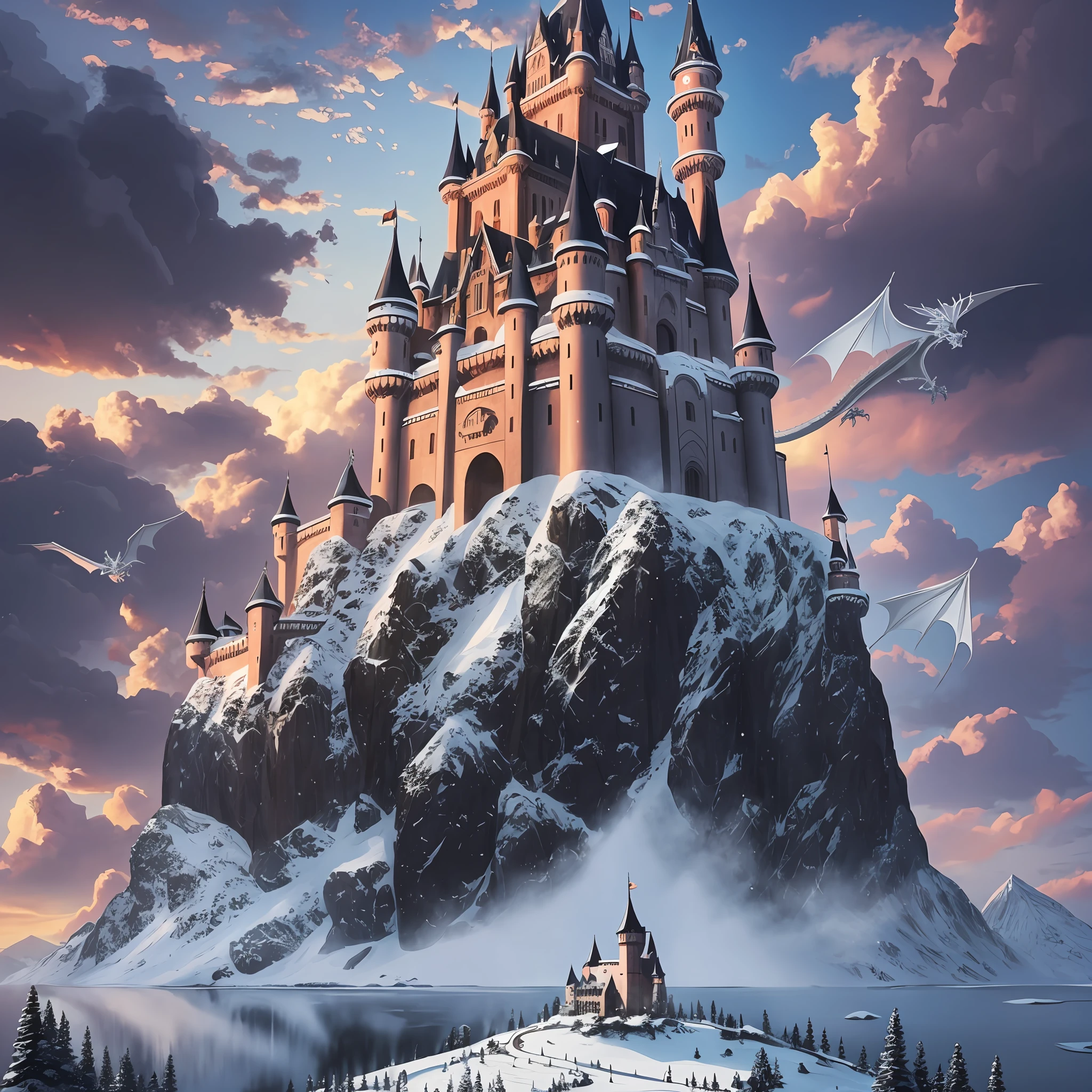 A black castle on top of a snowy mountain, with a dragon flying over the castle --auto --s2