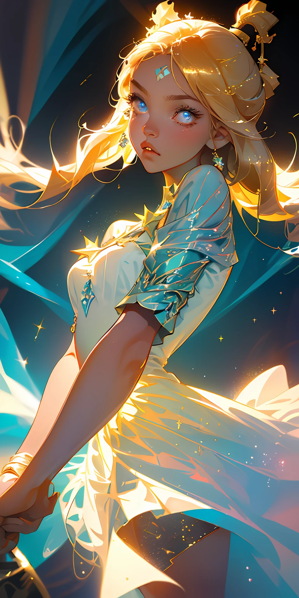 (Best quality, masterpiece), super high resolution, fluorescent color,
1 girl, looking at the audience, beautiful face, beautiful eyes, upper body, shiny hair, shiny skin, glowing cut, chibi, finger proportional coordination, golden starlight dress, particles