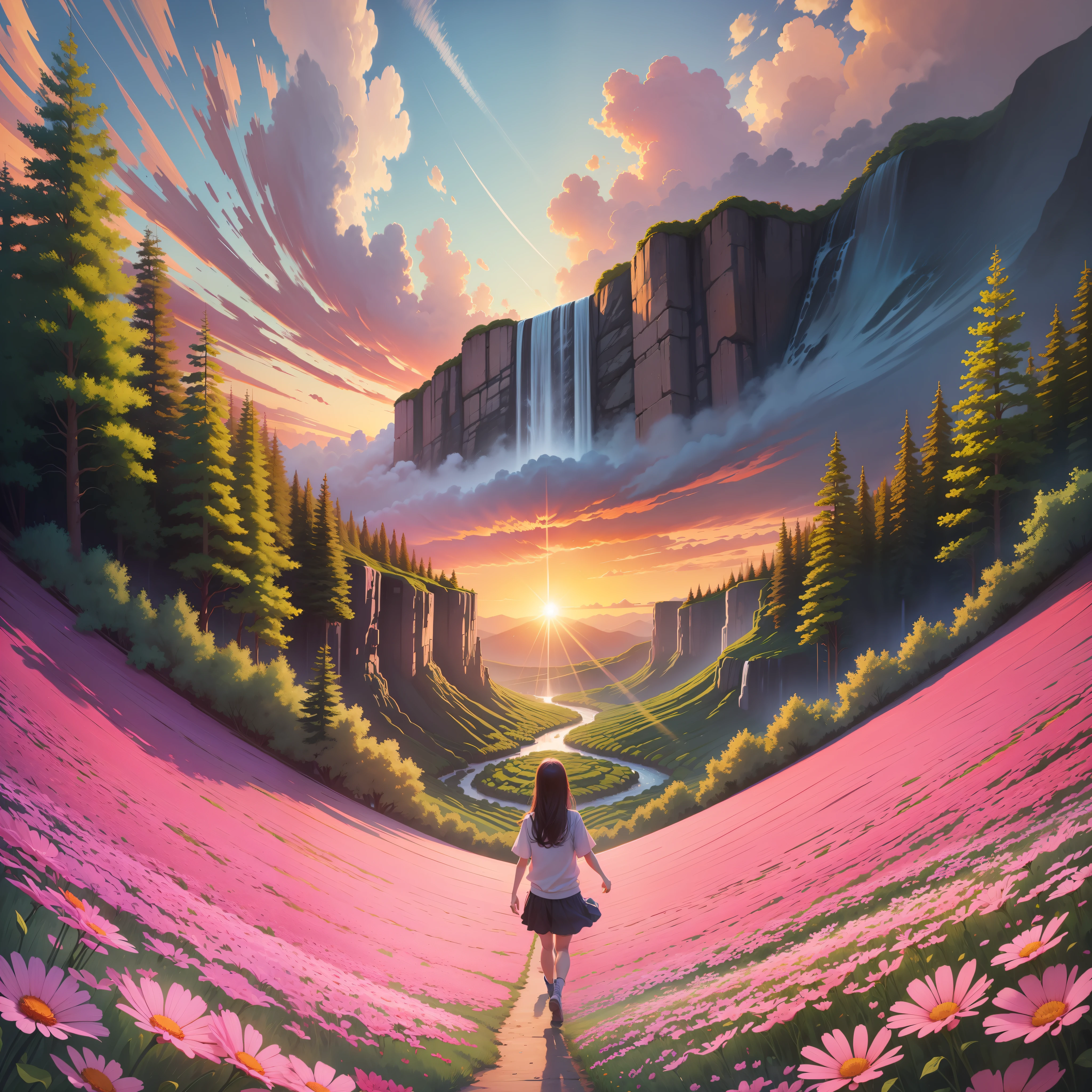 cartoon, Capture the beauty of a colorful sunset, a field of flowers in full bloom or a moving waterfall.