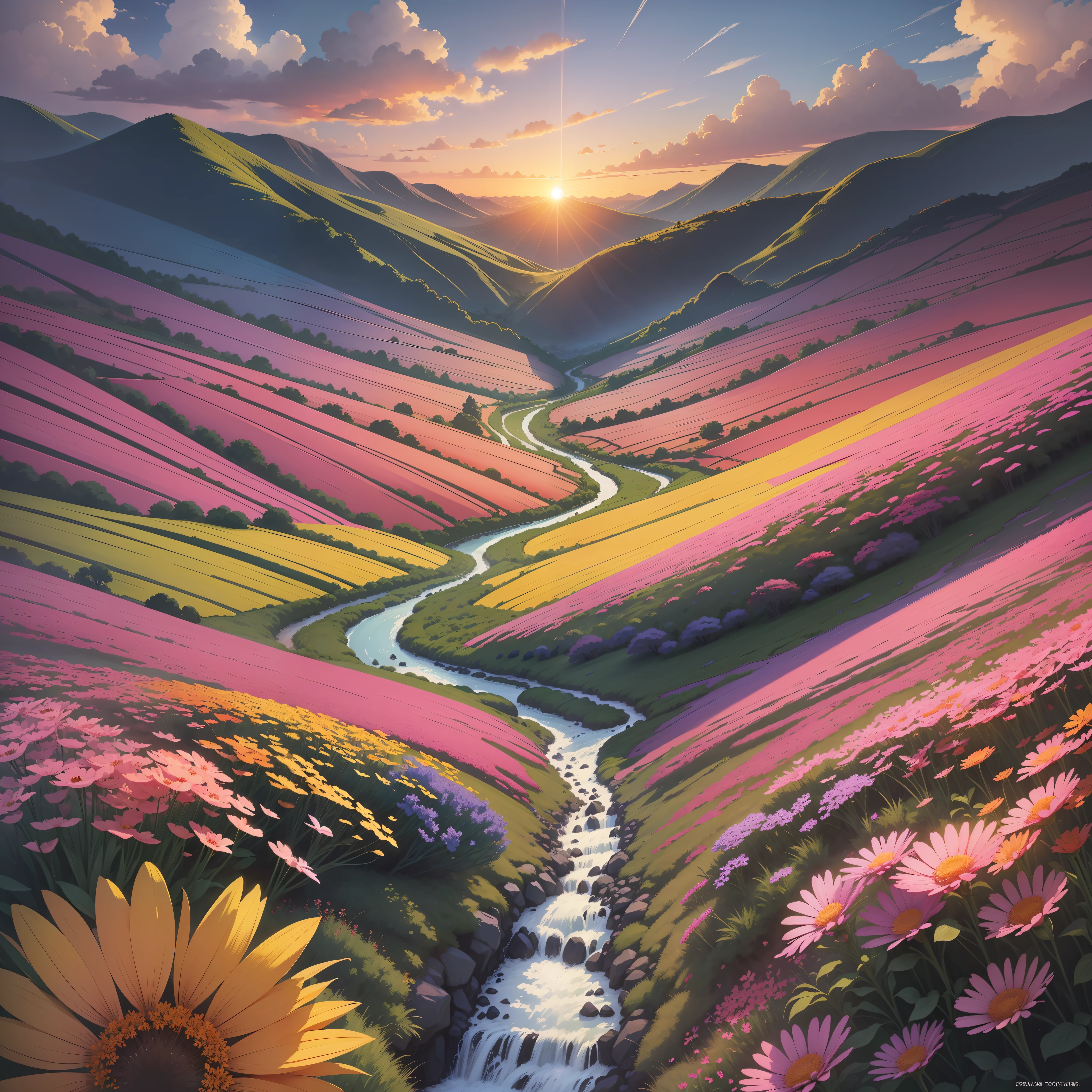 cartoon, Capture the beauty of a colorful sunset, a field of flowers in full bloom or a moving waterfall.