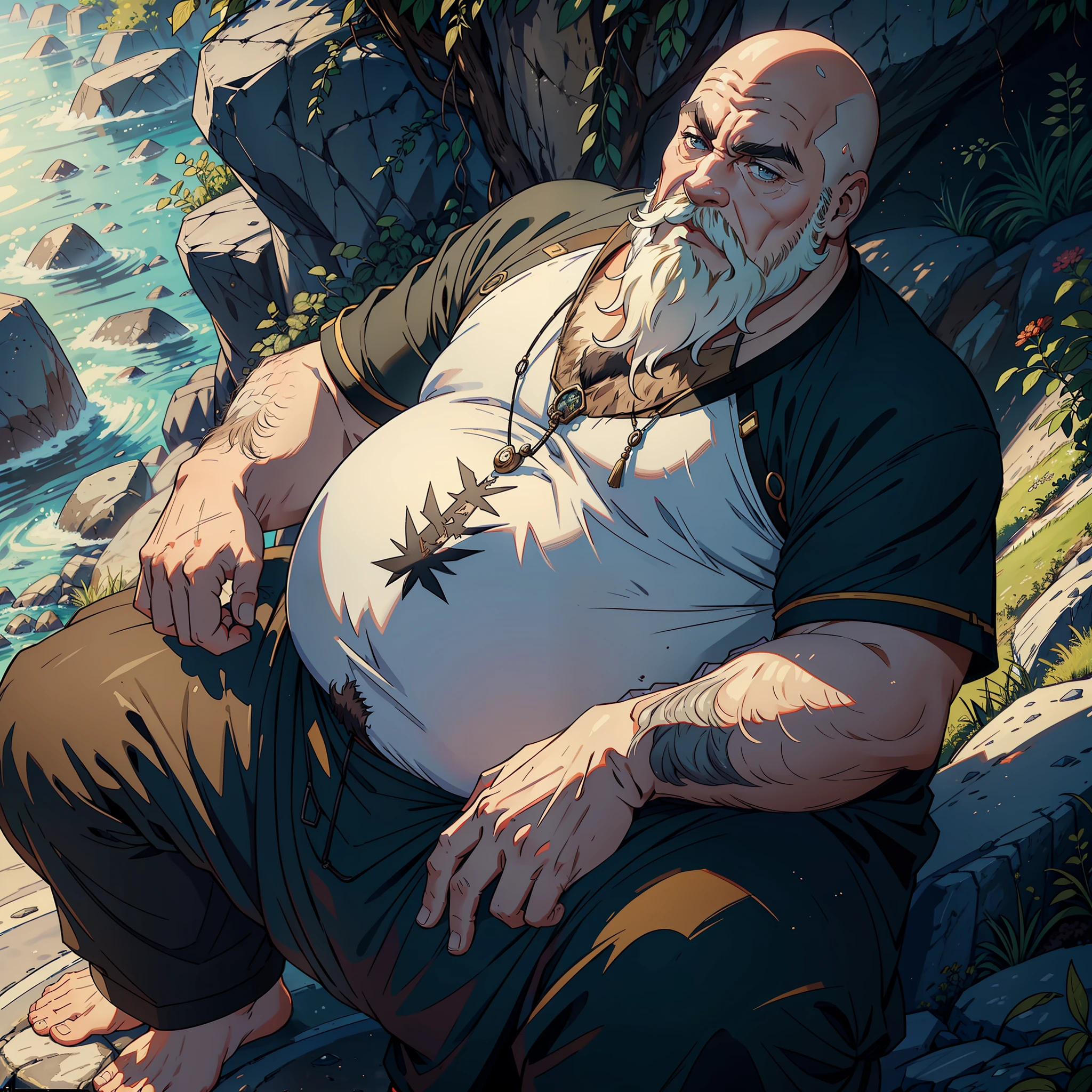 ((realistic: 1.5)),((best quality)), ((masterpiece)),((detailed)), man, obese, bald, bearded, king's clothes, sickle in right hand, sitting on a rock