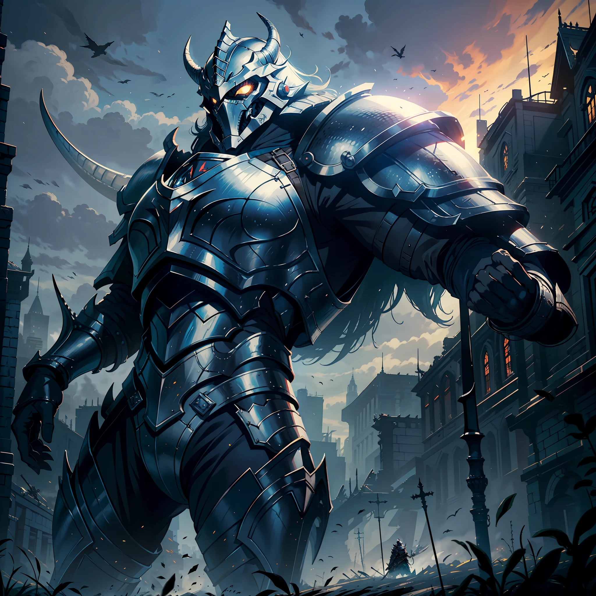 ((realistic: 1.5)),((best quality)), ((masterpiece)),((detailed)), creature, large, wearing armor, black and gray armor, dragon helmet, colossal sword, dirty armor, battlefield, destroyed, night