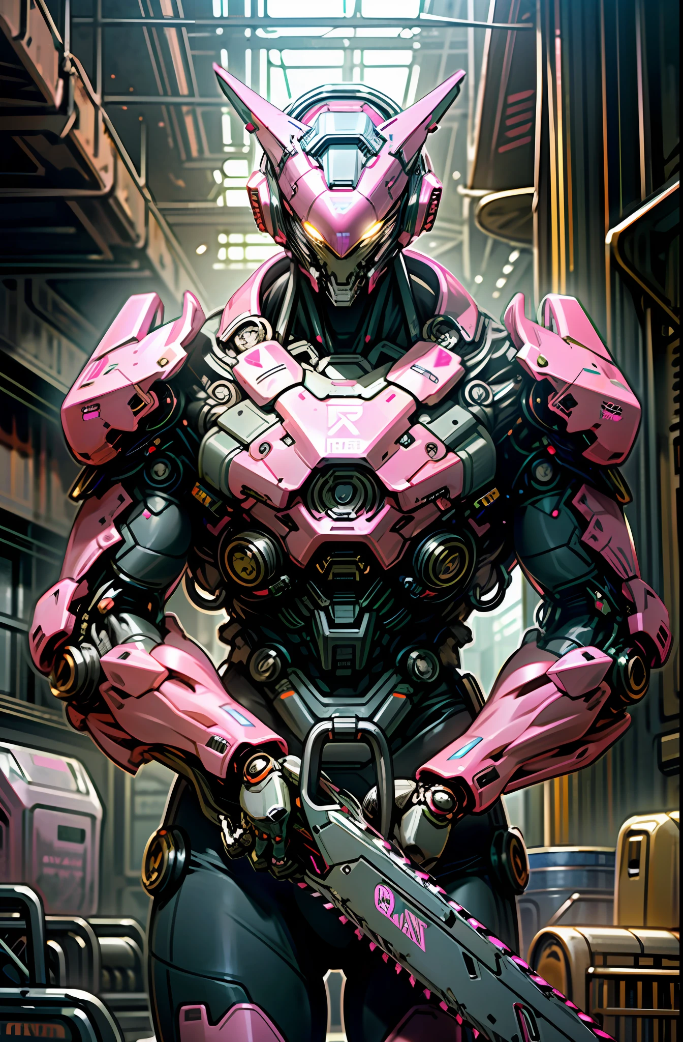 Dark_Fantasy, Cyberpunk, (Chainsaw, Chainsaw Man, Pink: 1.1), Alone, Mechanical Wonder, Robotic Presence, Cybernetic Guardian, Wearing a worn-Out Mech Suit, Complex, (Steel Metal [Rusty]), Elegant and Clear Focus, Photography by Greg Rutkowski, Soft Lighting, Vivid Colors, Masterpiece, ( street)), cowboy shots, dynamic poses,