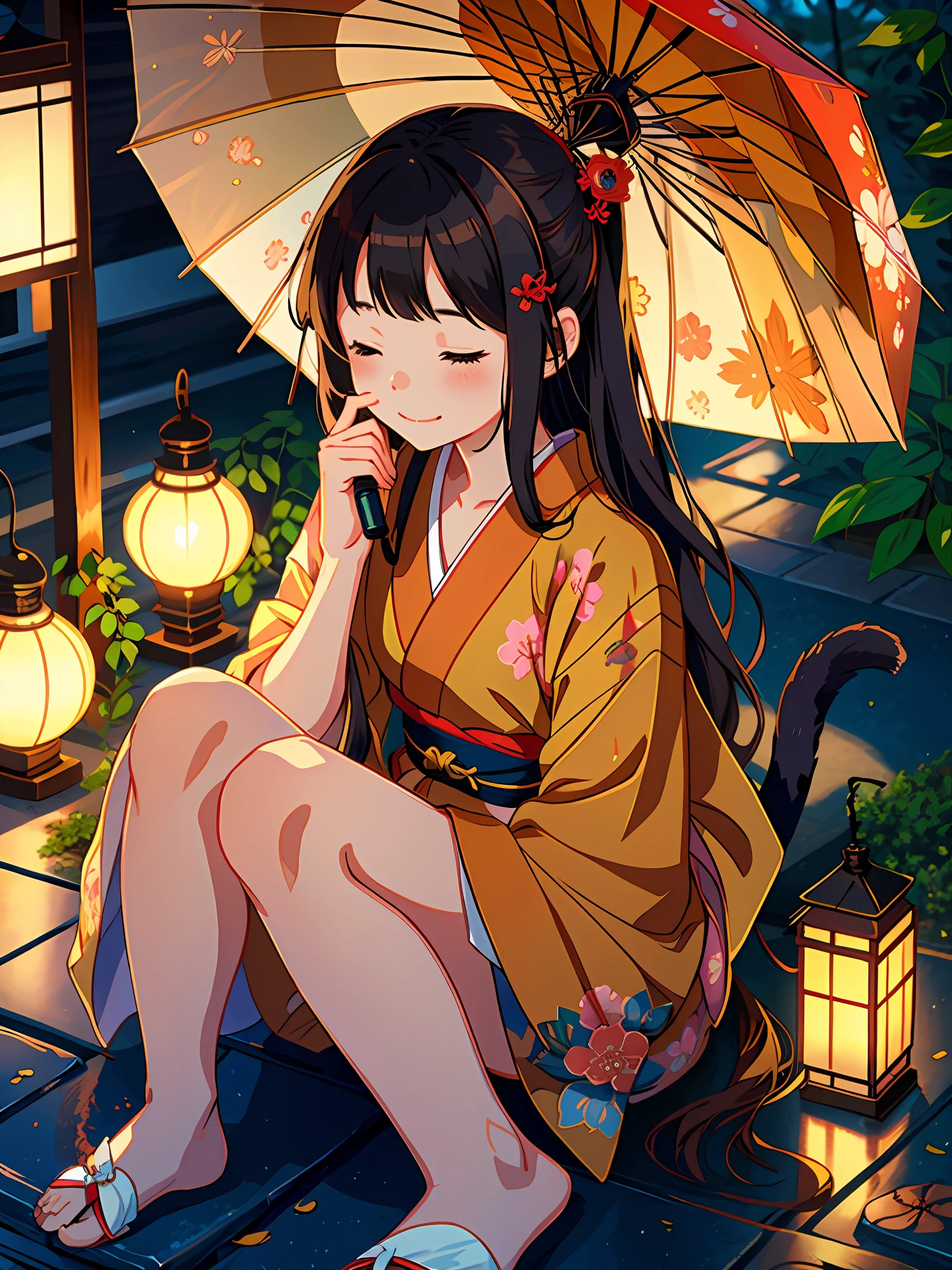 1girl, japanese clothes, brown hair, kimono, closed eyes, cat, umbrella, long hair, hair ornament, smile, sitting, yukata, oil-paper umbrella