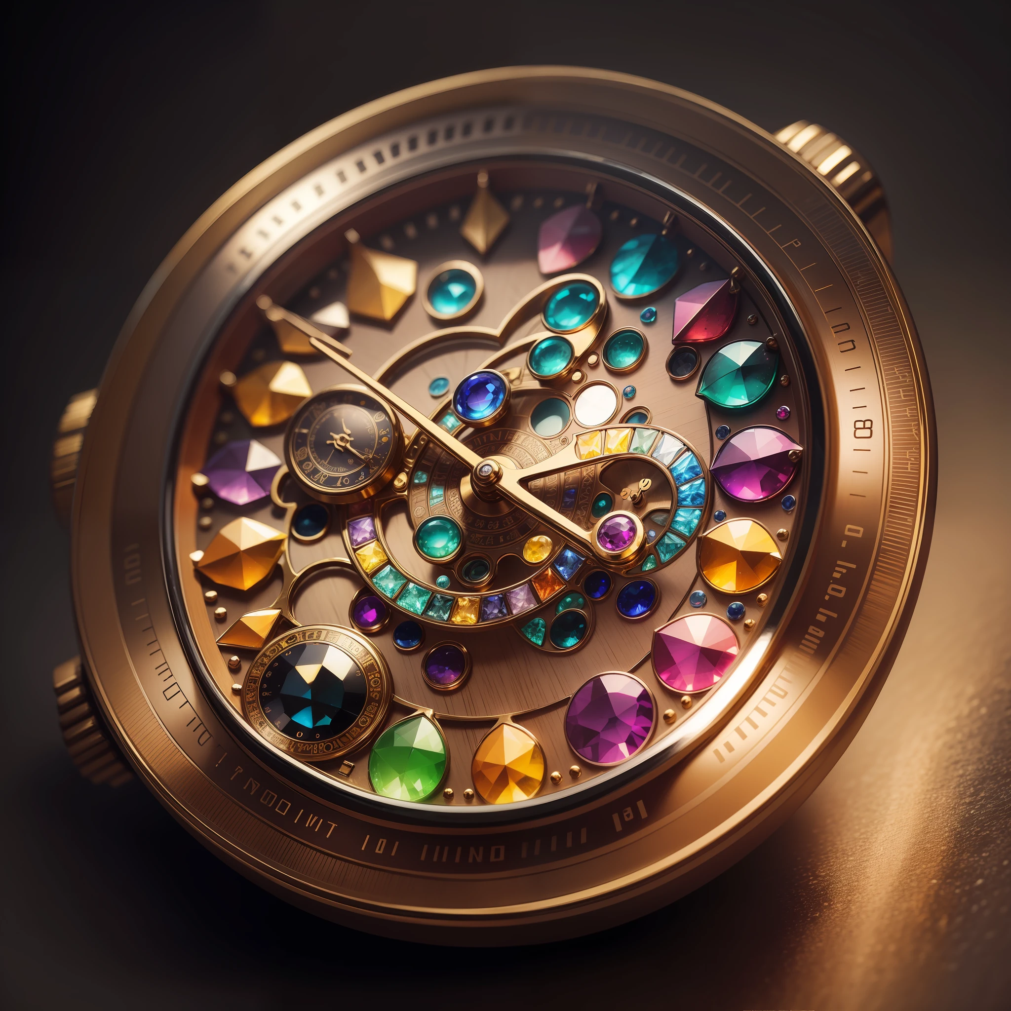 Best quality, masterpiece, dial full of colorful and extremely beautiful and gleaming gemstones.