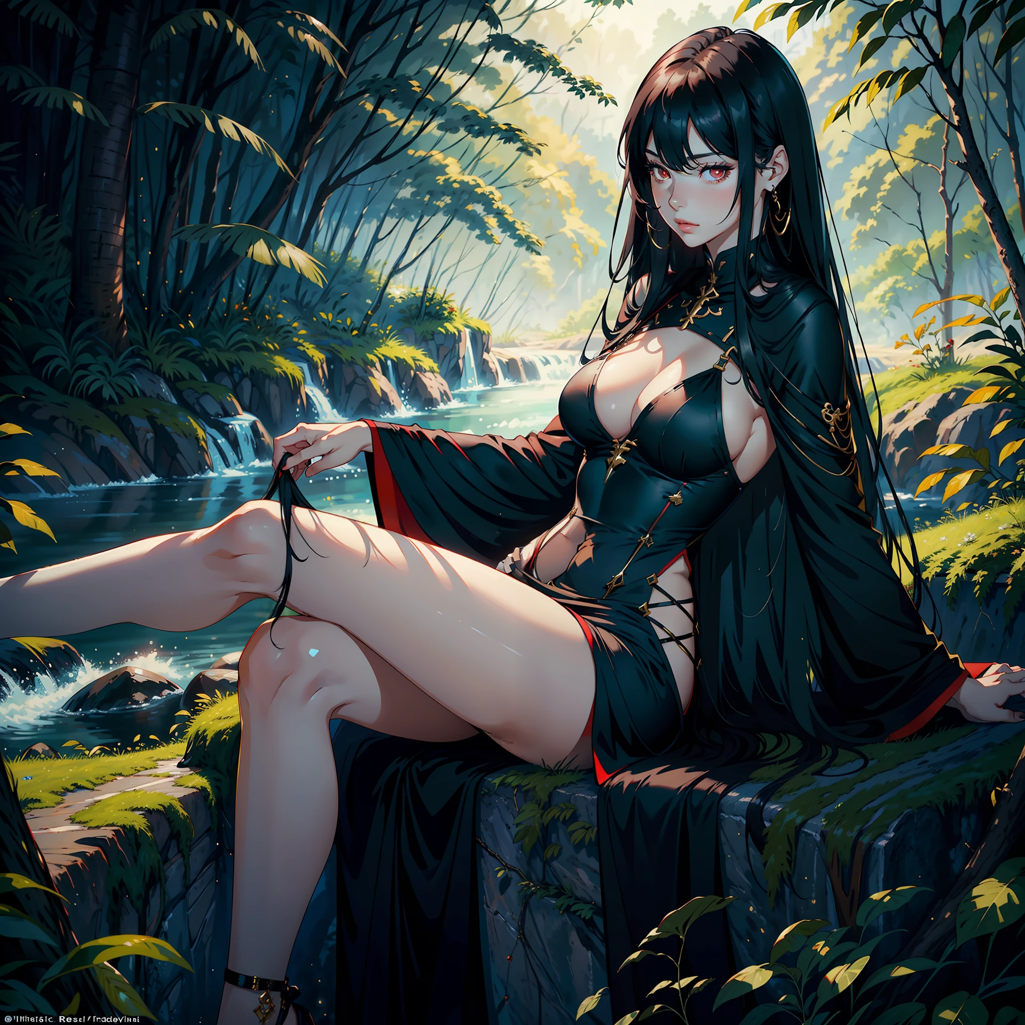 ((realistic: 1.5)),((best quality)), ((masterpiece)),((detailed)), woman, with long black hair, red pupils, long legs, curves, medium breasts, neckline, long black dress with gold details, wide hips, long eyelashes, sitting on a white tree, by a red river