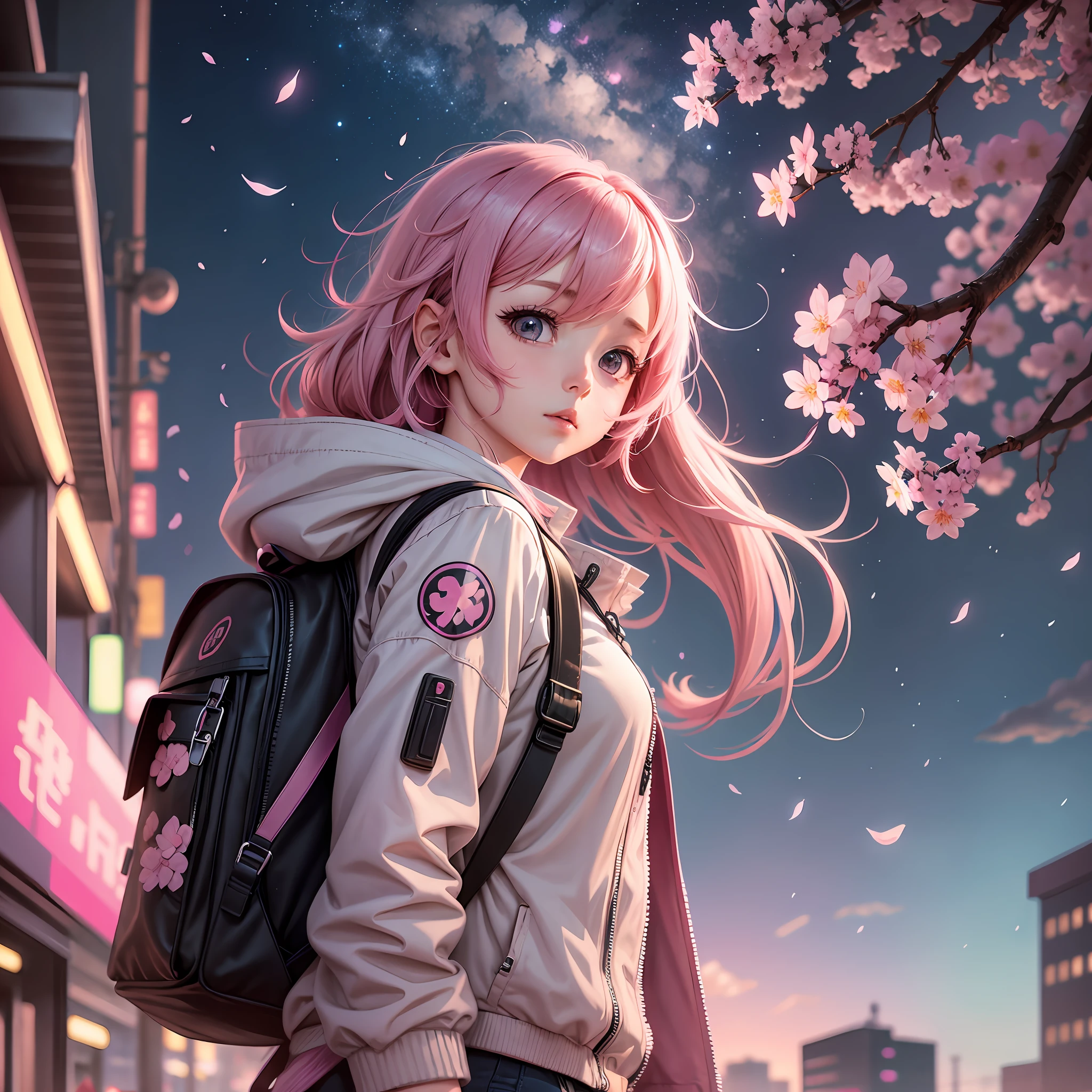 cute anime with backpack, pink poytail hair, cherry blossom falling, cyberpunk world at night, stary skies --auto --s2