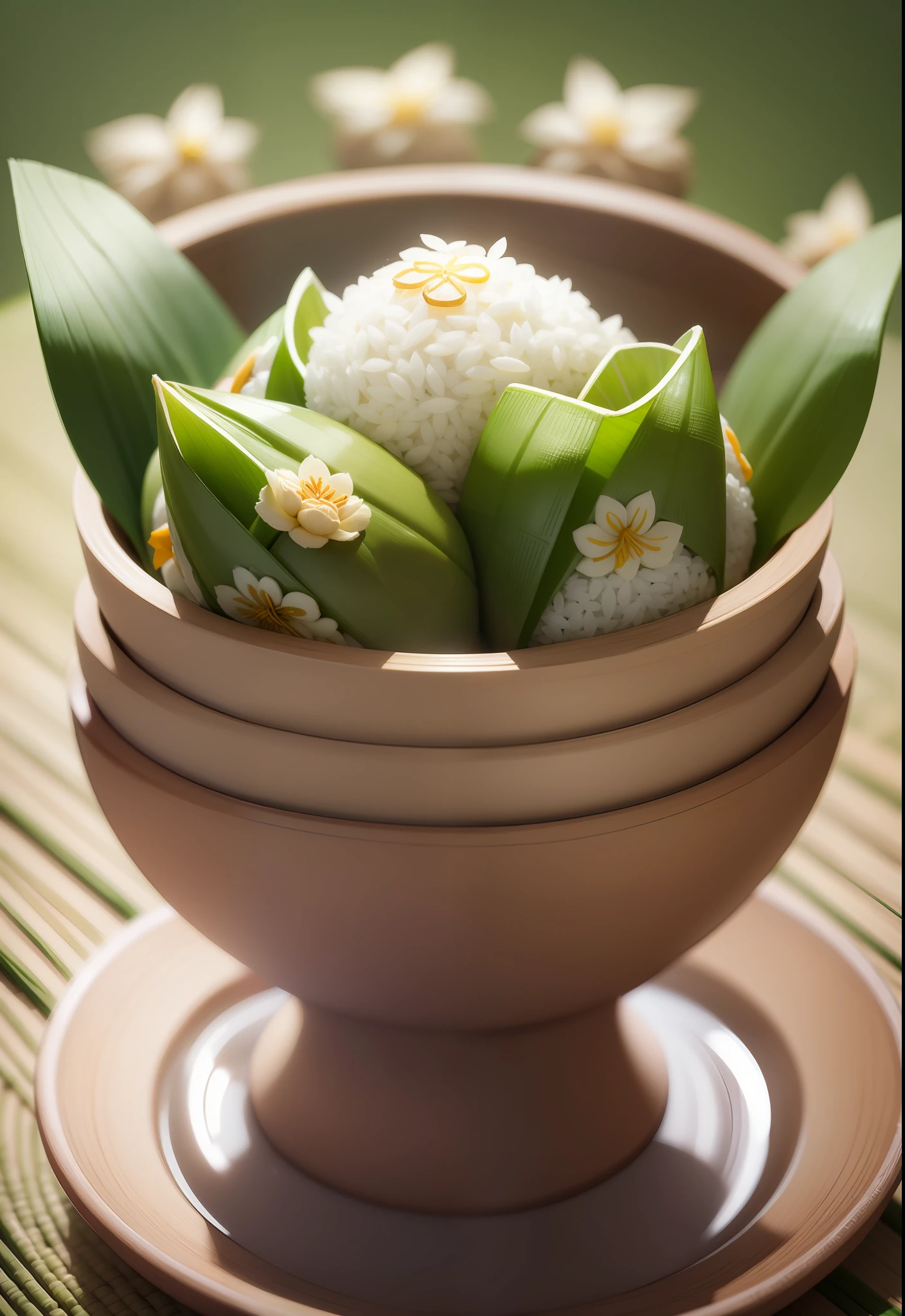 zongzi with a cute rice on it, cartoon, lovely, high quality, super detail, 8k, Infinite details, 8k, ray traction, animated lighting, depth of field, super details, pastel color, mockup, clean background, fine luster, best quality