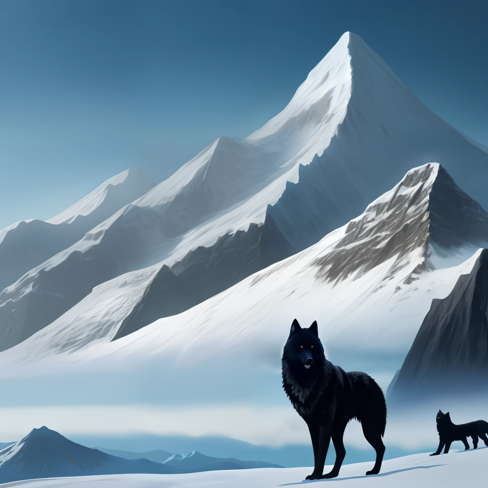 A snowy mountain with a black castle on top, and a black wolf at the foot of the mountain