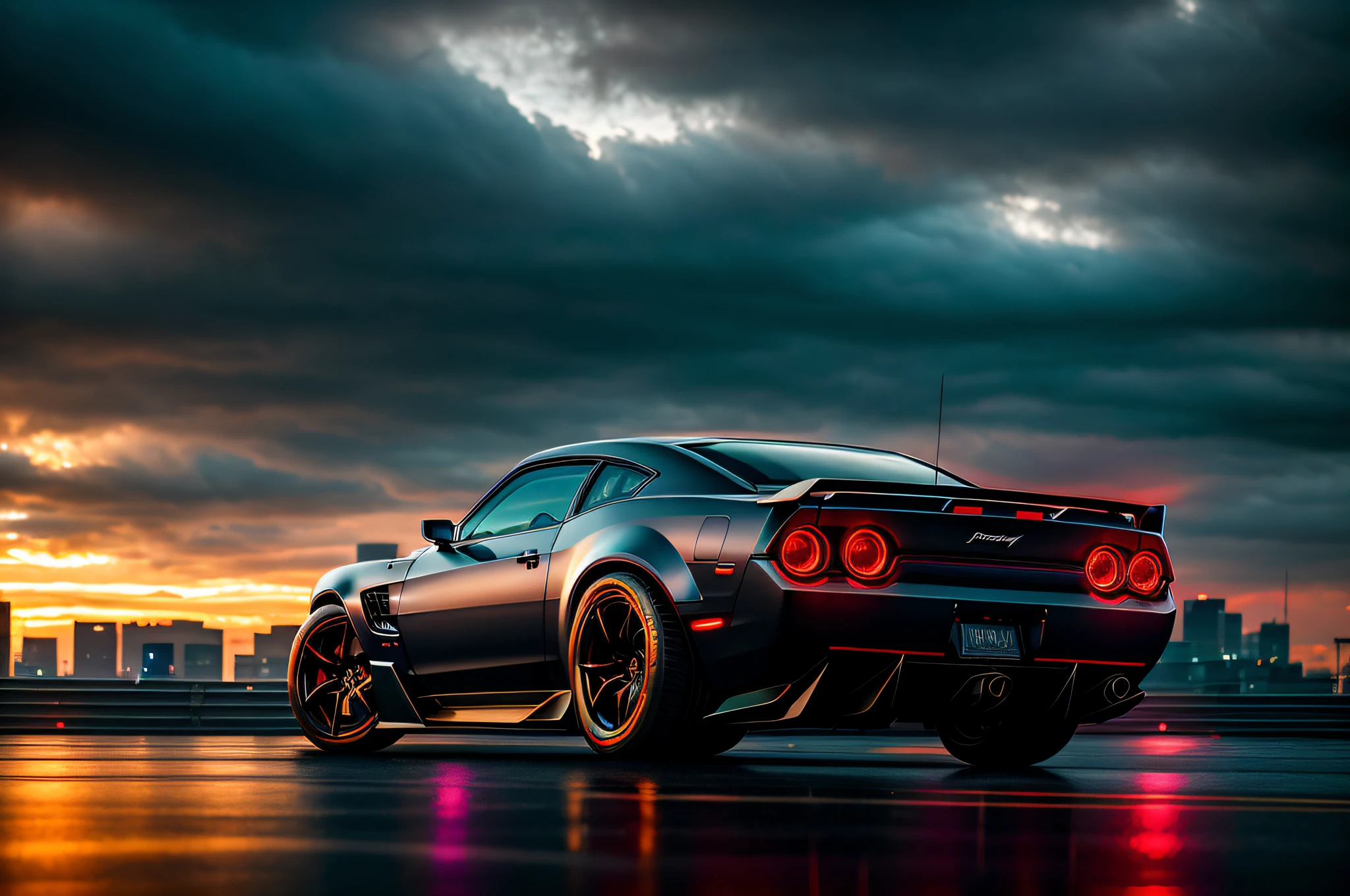 dark and gloomy 8k photo, cyberpunk muscle car, action shot, sunset, detailed, detailed face, (vibrant, photo realistic, realistic, dramatic, dark, sharp focus, 8k)