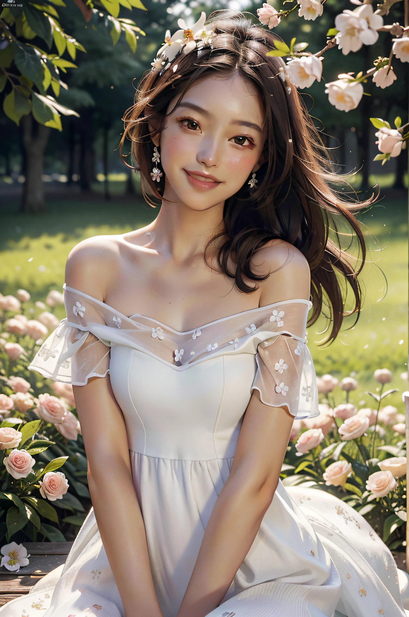 Best quality, masterpiece, ultra high res, (photorealistic:1.4), raw photo, 1girl, white dress, off shoulder, blossom flower field, glowing skin, light smile