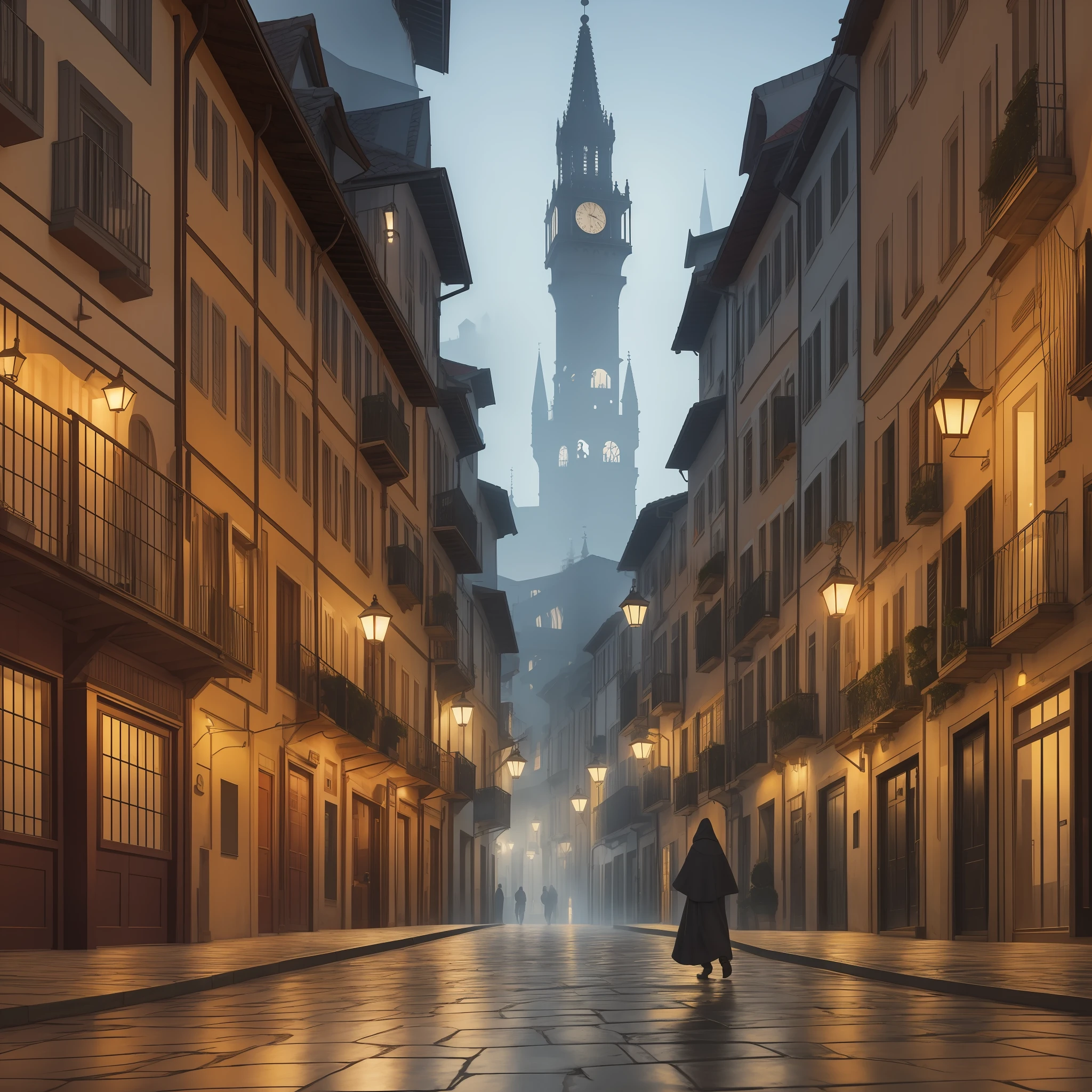 Generate an image portraying the Largo da Ordem during the late night hours, where medieval streets and buildings take precedence, shrouded in a thick blanket of mist. The old constructions stand prominently, while modern skyscrapers and structures recede into the background. The cobblestone streets are dimly illuminated, adding an ethereal quality to the scene. The mist envelops the atmosphere, enhancing the sense of mystery and enchantment. Incorporate elements of the cyber-punk style to ensure a harmonious juxtaposition between the historical and modern elements. --auto --s2