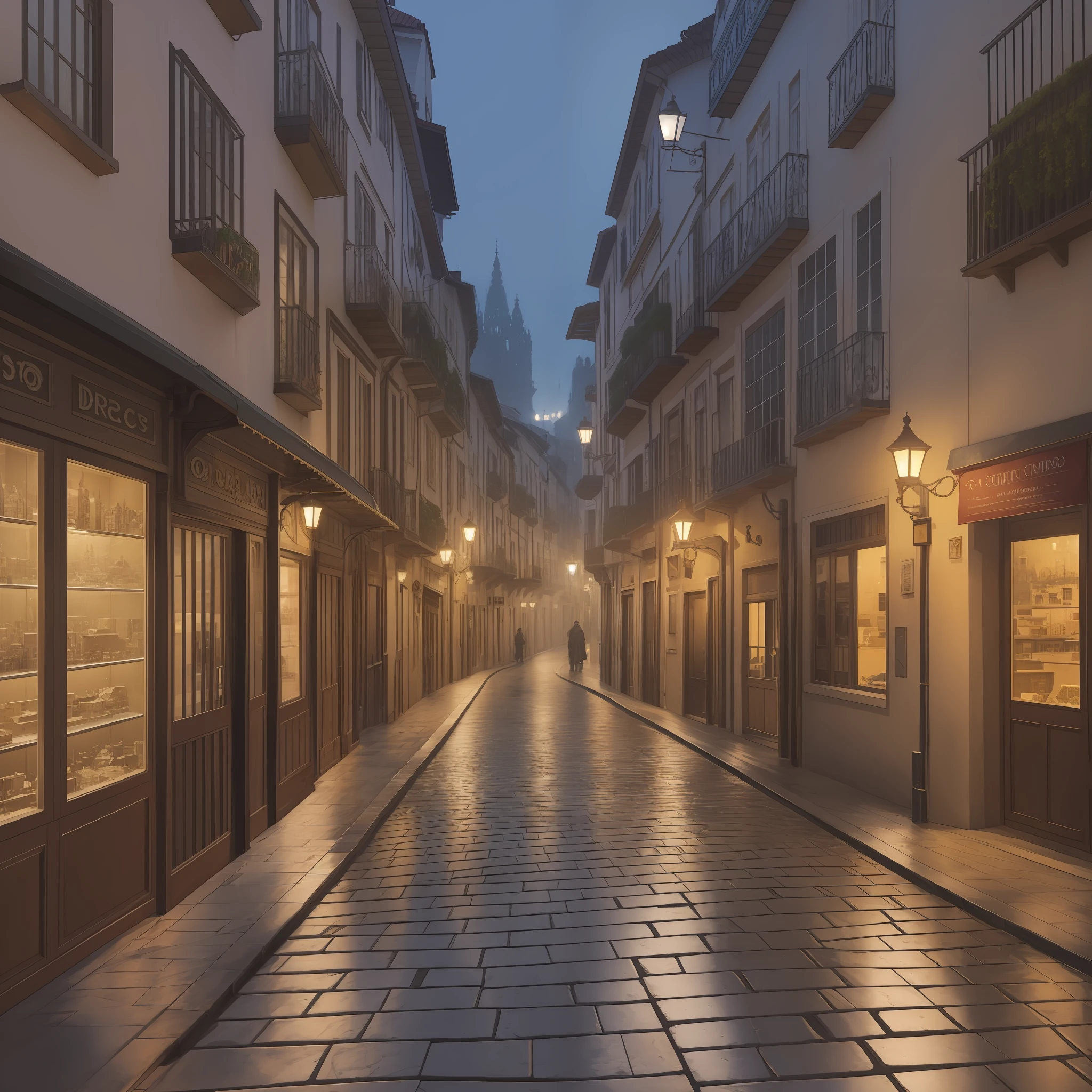 Generate an image portraying the Largo da Ordem during the late night hours, where medieval streets and buildings take precedence, shrouded in a thick blanket of mist. The old constructions stand prominently, while modern skyscrapers and structures recede into the background. The cobblestone streets are dimly illuminated, adding an ethereal quality to the scene. The mist envelops the atmosphere, enhancing the sense of mystery and enchantment. Incorporate elements of the cyber-punk style to ensure a harmonious juxtaposition between the historical and modern elements. --auto --s2