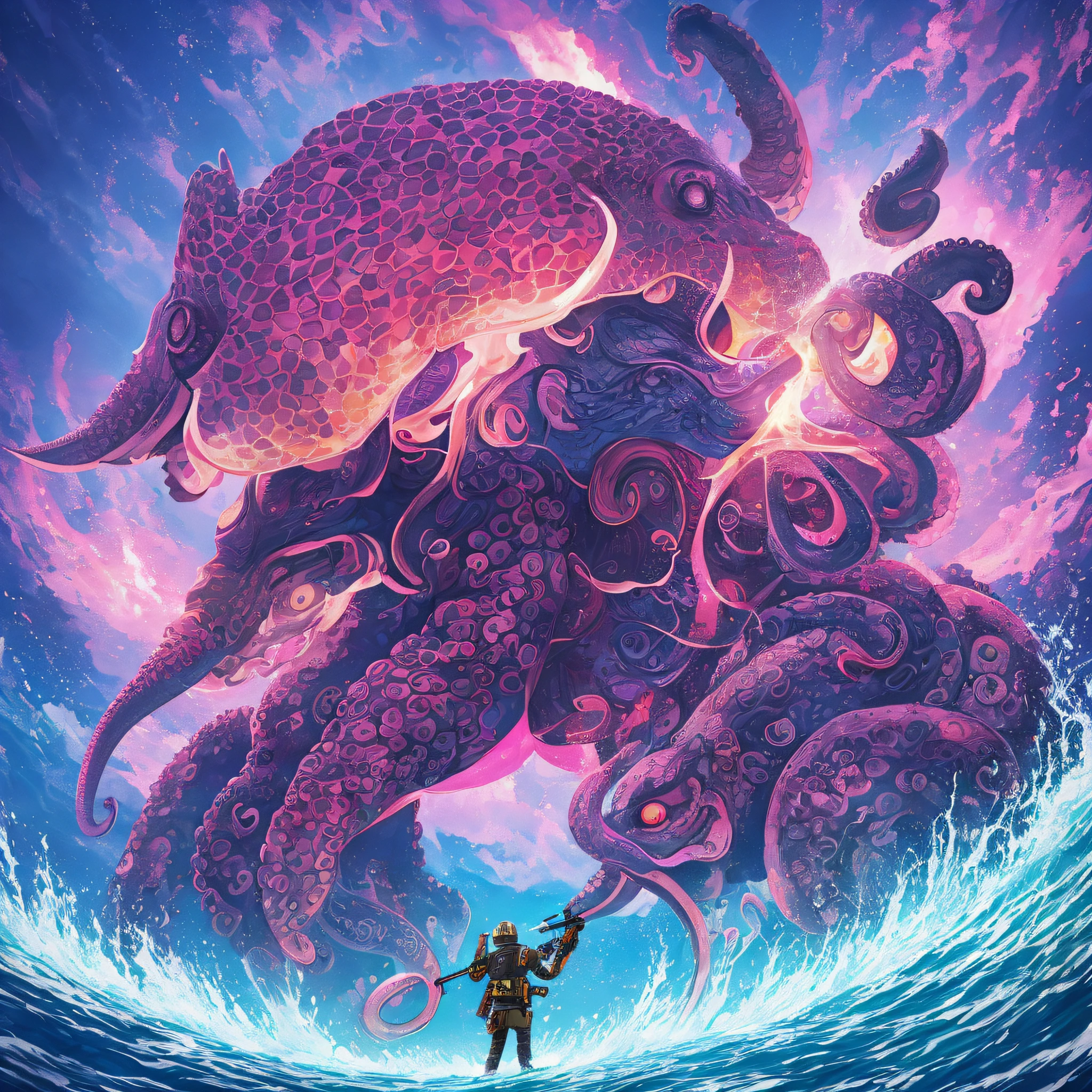 a man wearing a shirt of the Botafogo football team according to an octopus in the shape of a rifle aiming at a two-headed elephant that has its eyes catching fire on an island of blue sand in the middle of a gigantic sea of clear water with a pink sky and futuristic night surrealistic cybernetic --auto --s2