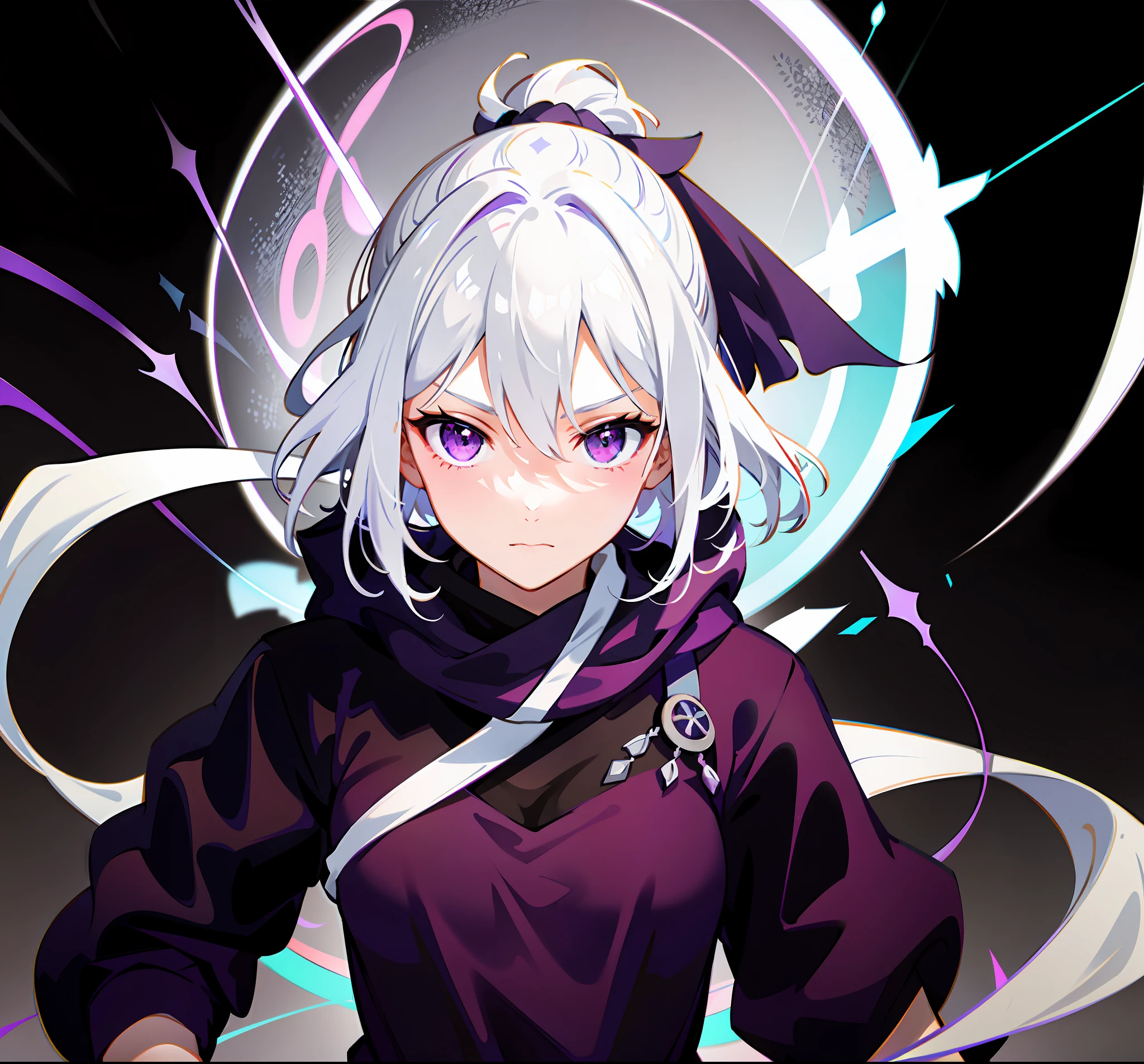 upper body, 1girl, white hair, ponytail, purple eyes, (ninja), short sword, medium breats ,scarf, wallpaper, magic circle background, light particles, blue fire,
