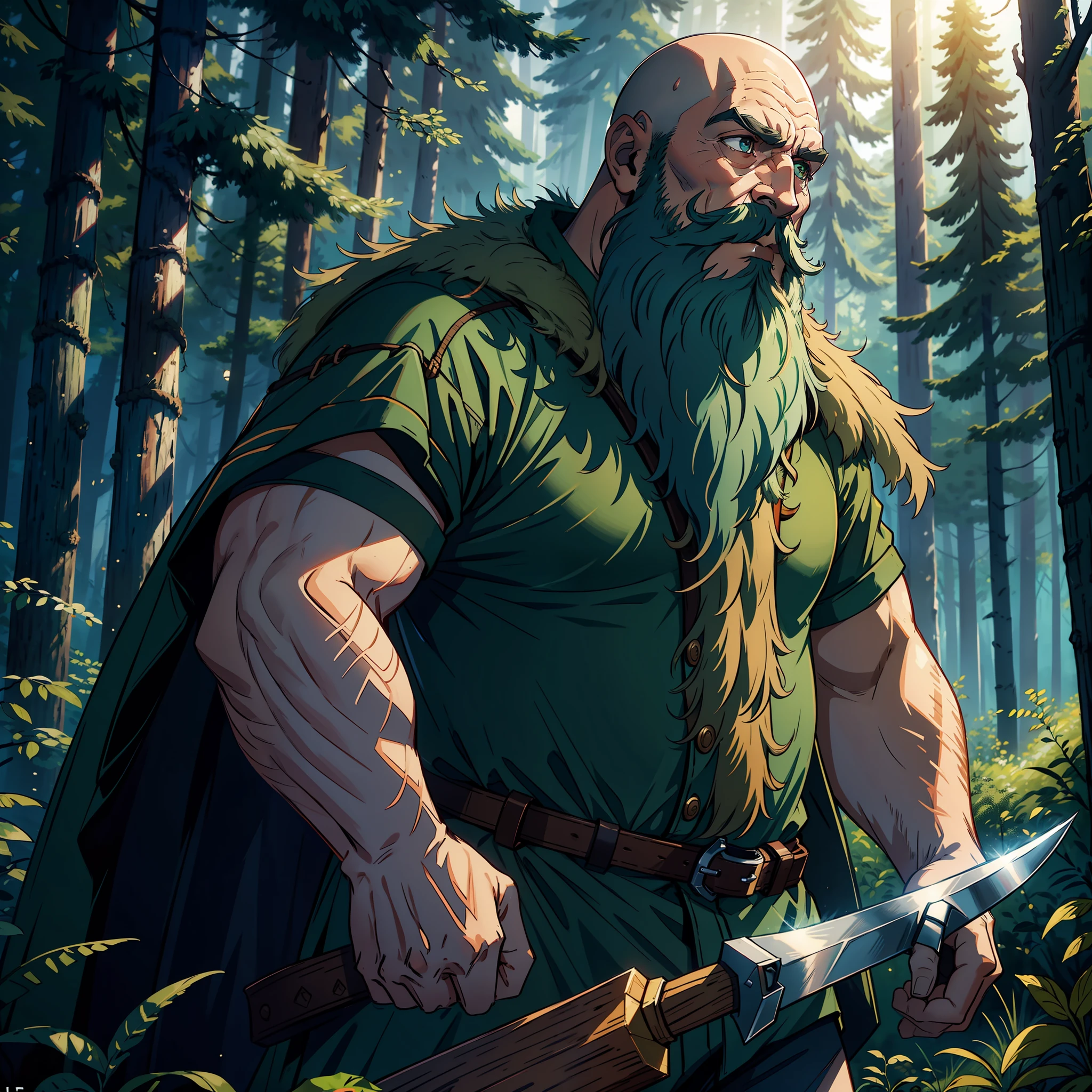 ((realistic: 1.5)),((best quality)), ((masterpiece)),((detailed)), giant, bearded, green beard, bald, larger than trees, holding an axe, warrior's clothing, forest, night