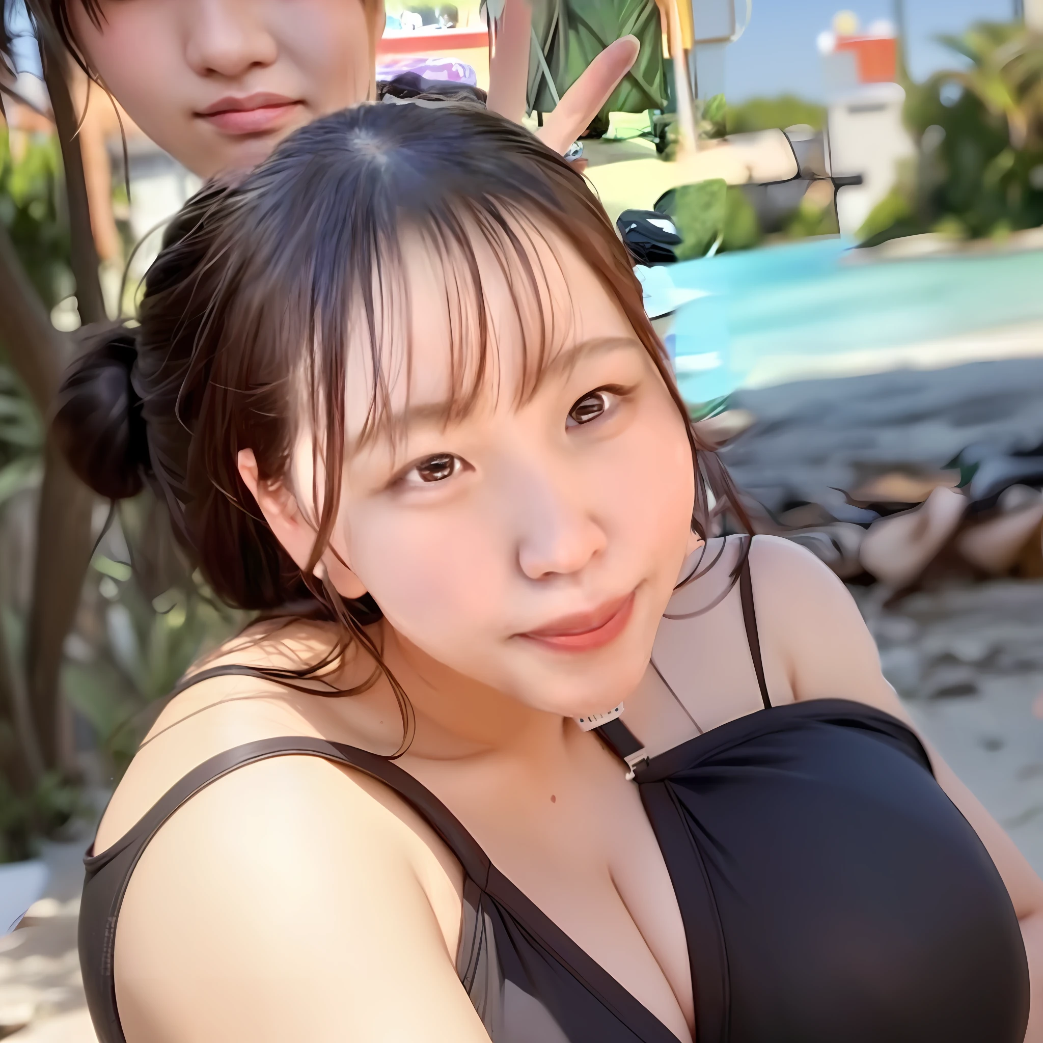 Taking pictures together on the beach are Nam Jae-young, Ji-ho, Yoshitomo Nara, Park Jimin, Su-mol, Nozomi Takemura, Choi Hong-hwa, Sakimi-chan, Shikamimi, Lee Ji-eun, Lee Ji-eun, and Kwak Ji-young. sexy black bikini, big breasts, gravure idol, beautiful skin, natural light, full body, raw, high quality, gradient, natural shade,
