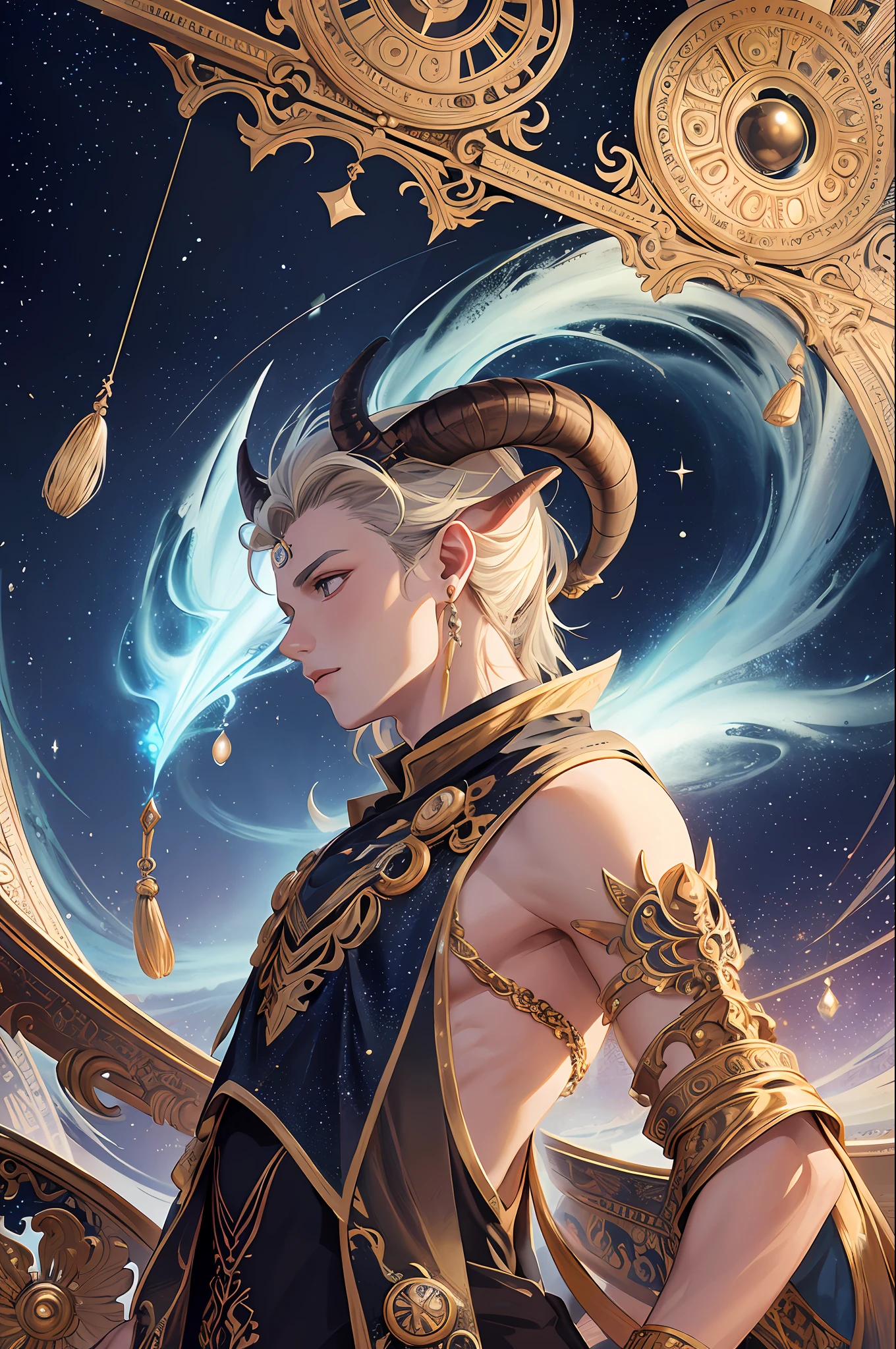 (Masterpiece, Top Quality, Best Quality, Official Art, Beauty and Aesthetics: 1.2), (boy), Taurus, Horn, Bull Ears, Constellation, Extreme Detail, (Fractal Art: 1.3), Colorful, Most Detailed