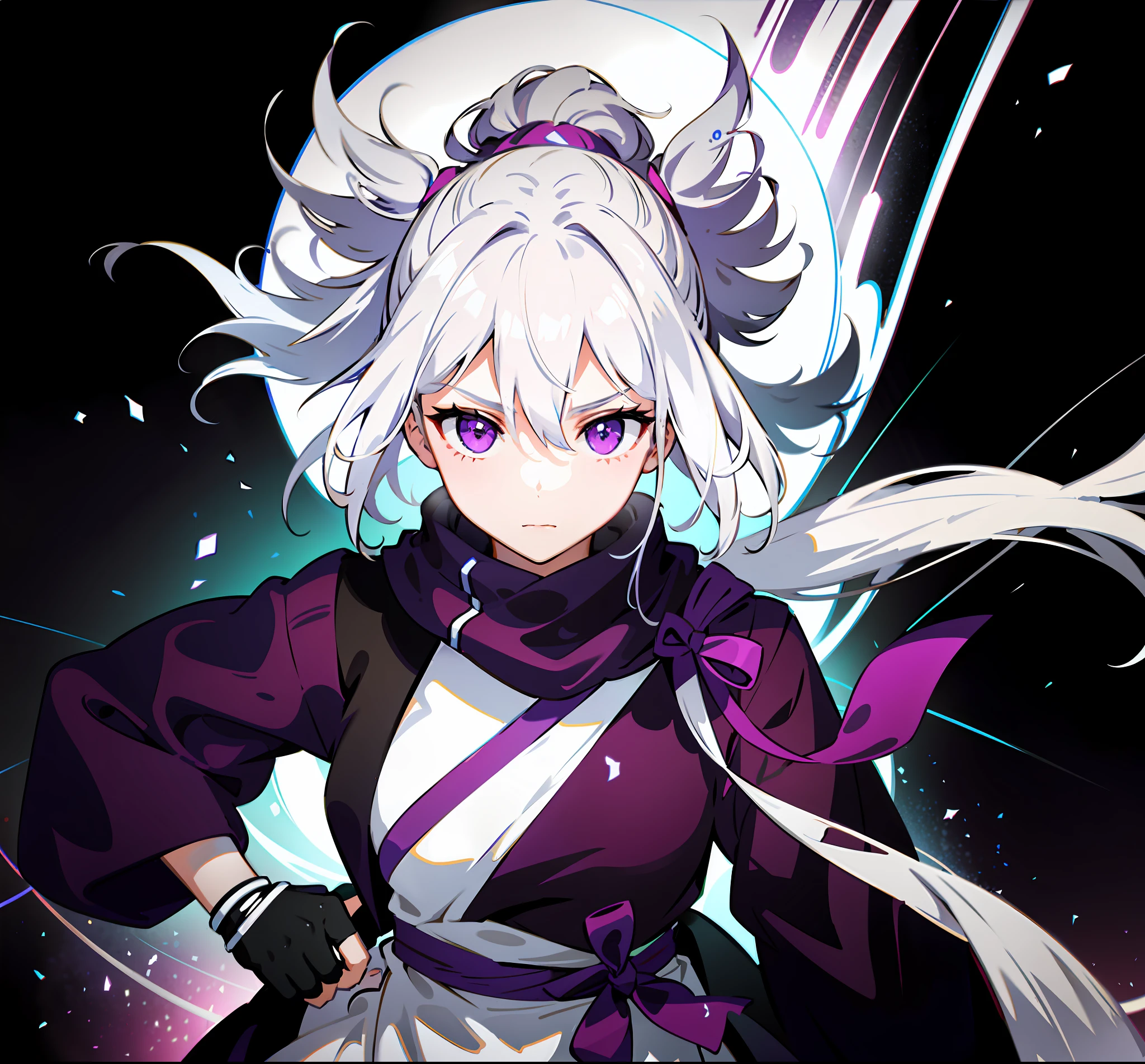 upper body, 1girl, white hair, ponytail, purple eyes, (ninja), short sword, medium breats ,scarf, wallpaper, magic circle background, light particles, blue fire,